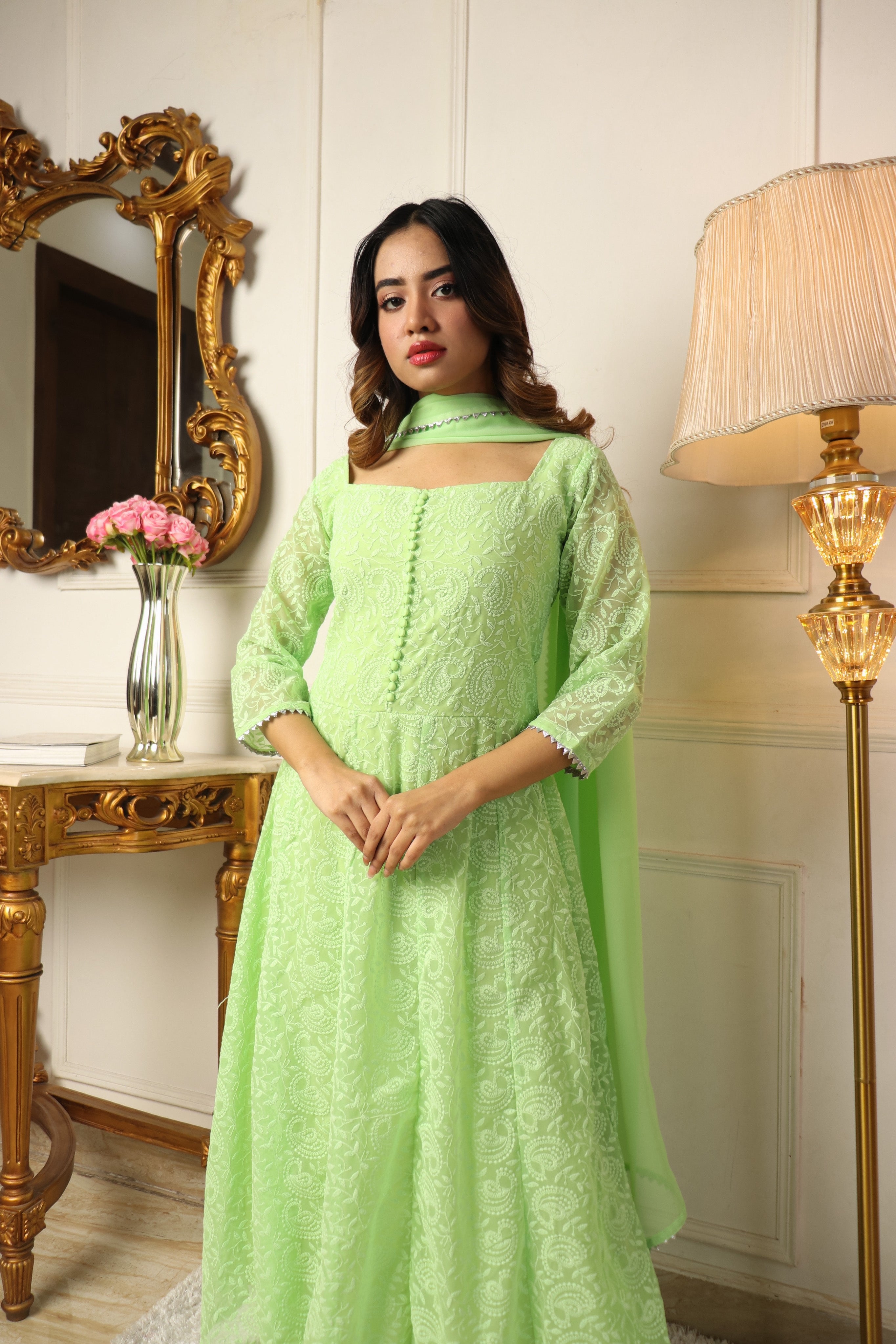 ARRESTING PISTA COLORED BEAUTIFULL EMBROIDERY FLOOR TOUCH GOWN