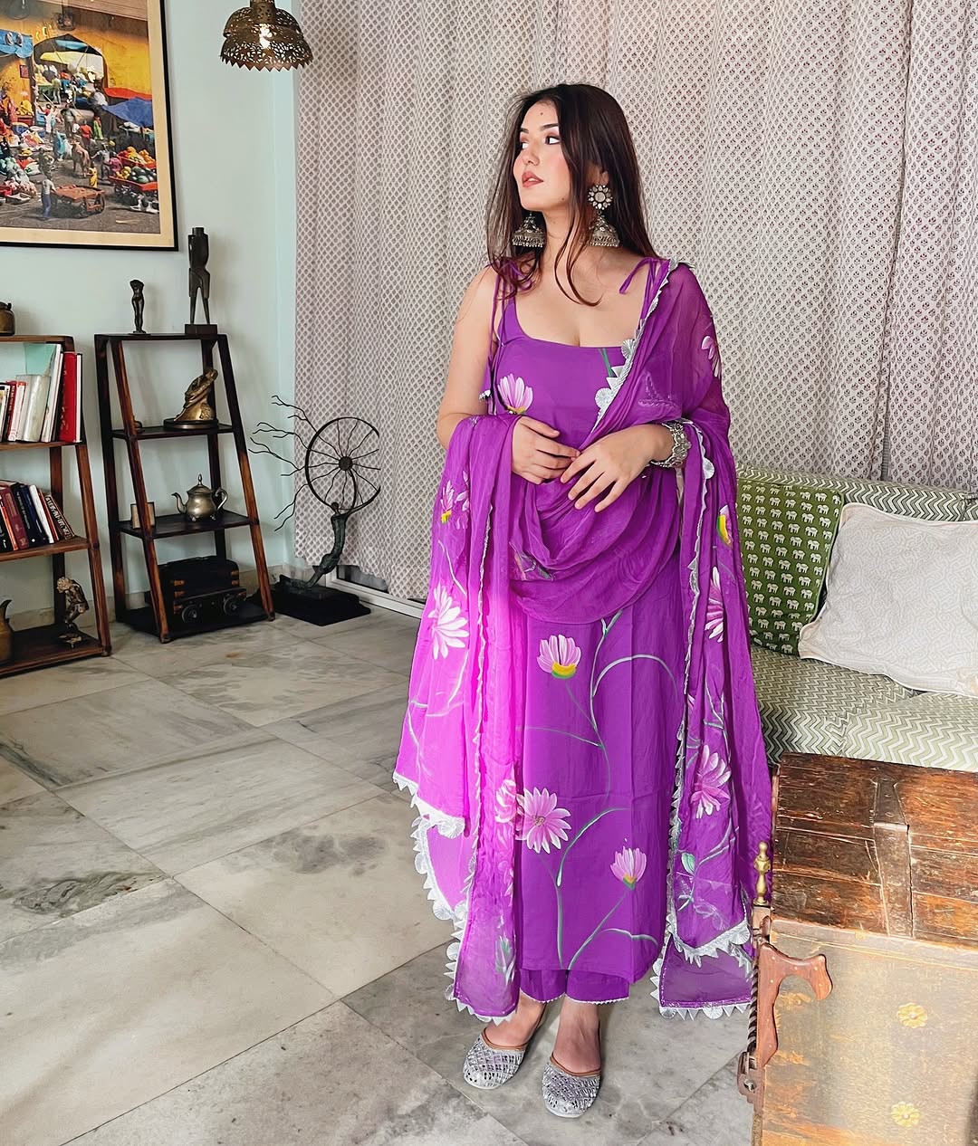 Lavender floral printed suit set with dupatta