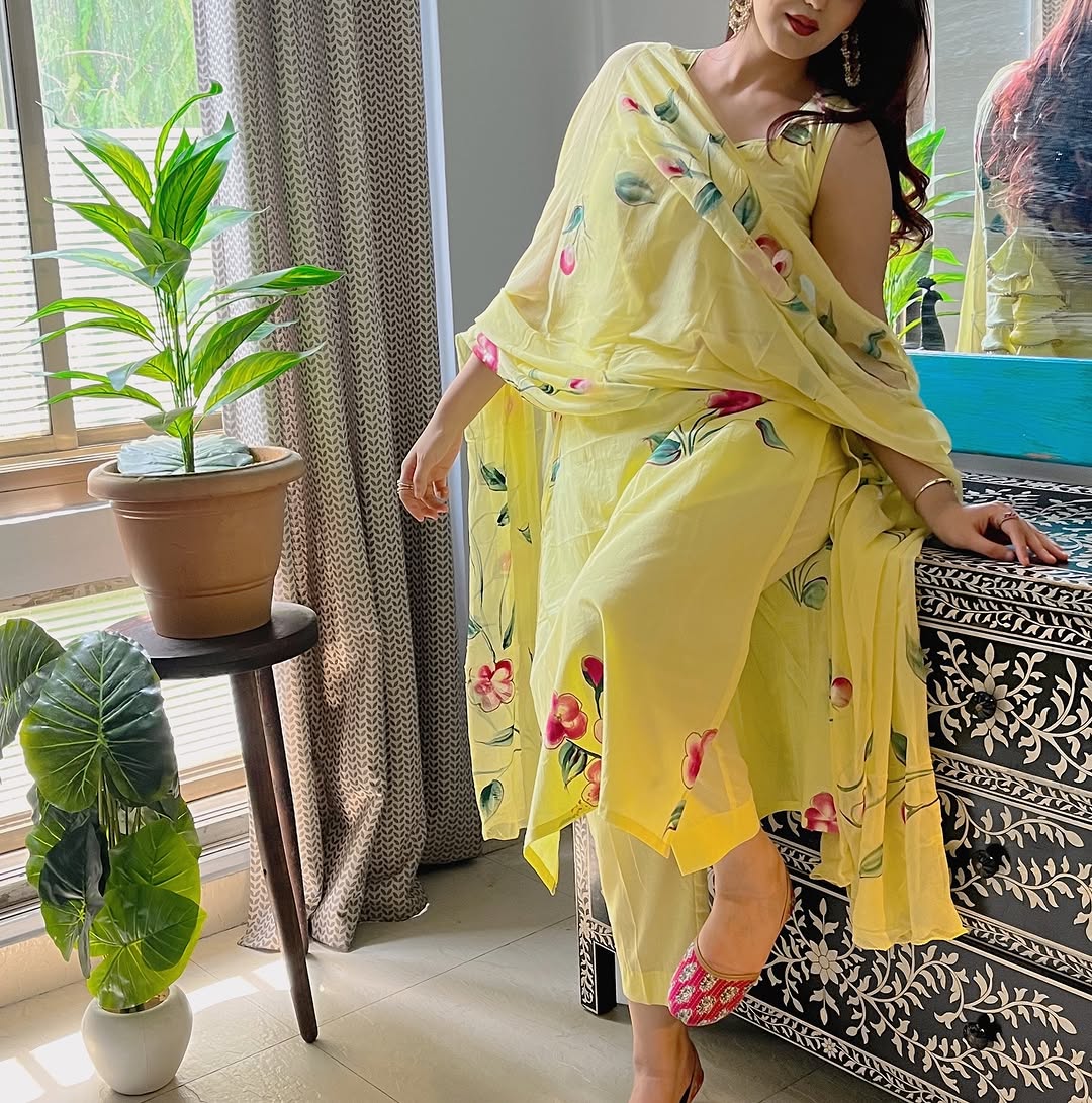 Yellow floral printed suit set with dupatta