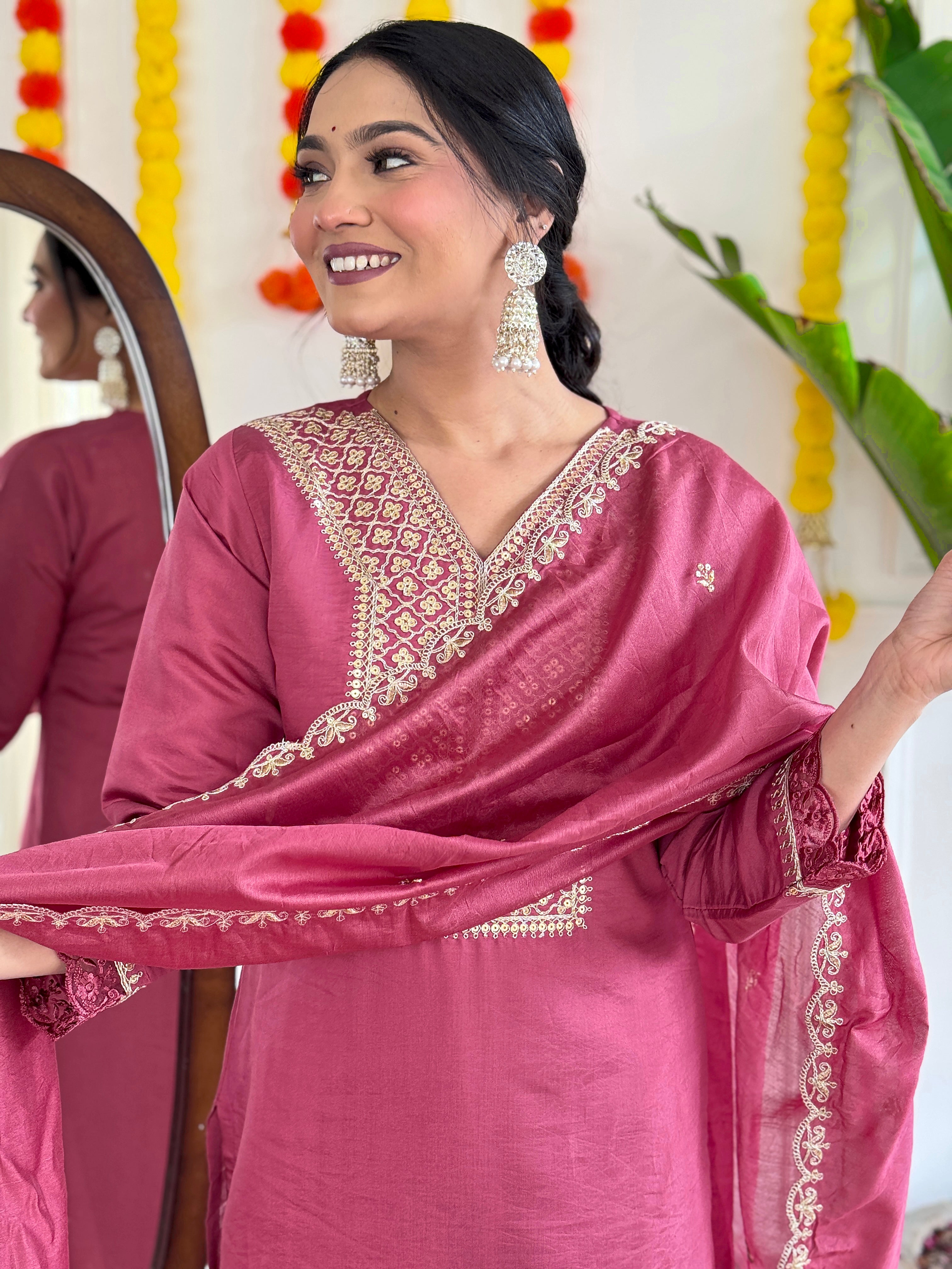 Beautiful  Viscose Chanderi Embroidered Straight Kurta with pant and dupatta sets