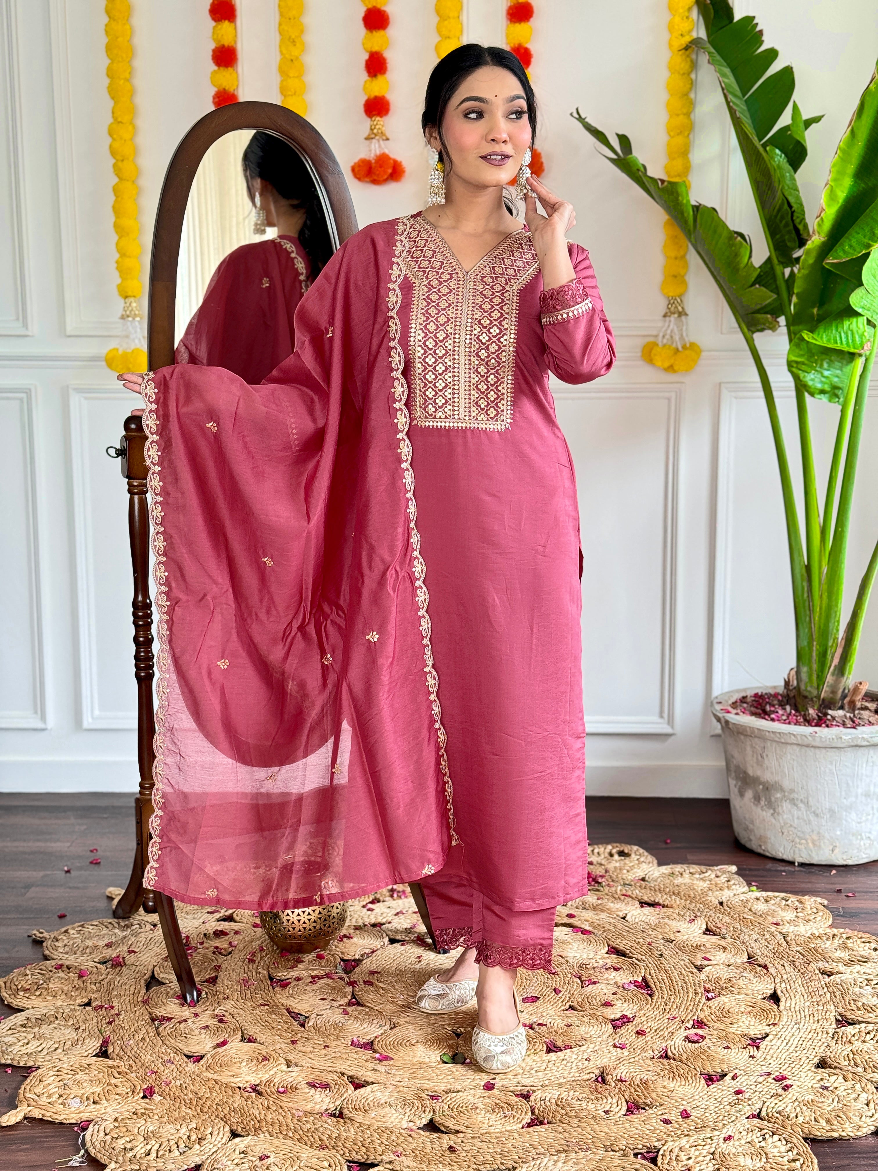 Beautiful  Viscose Chanderi Embroidered Straight Kurta with pant and dupatta sets