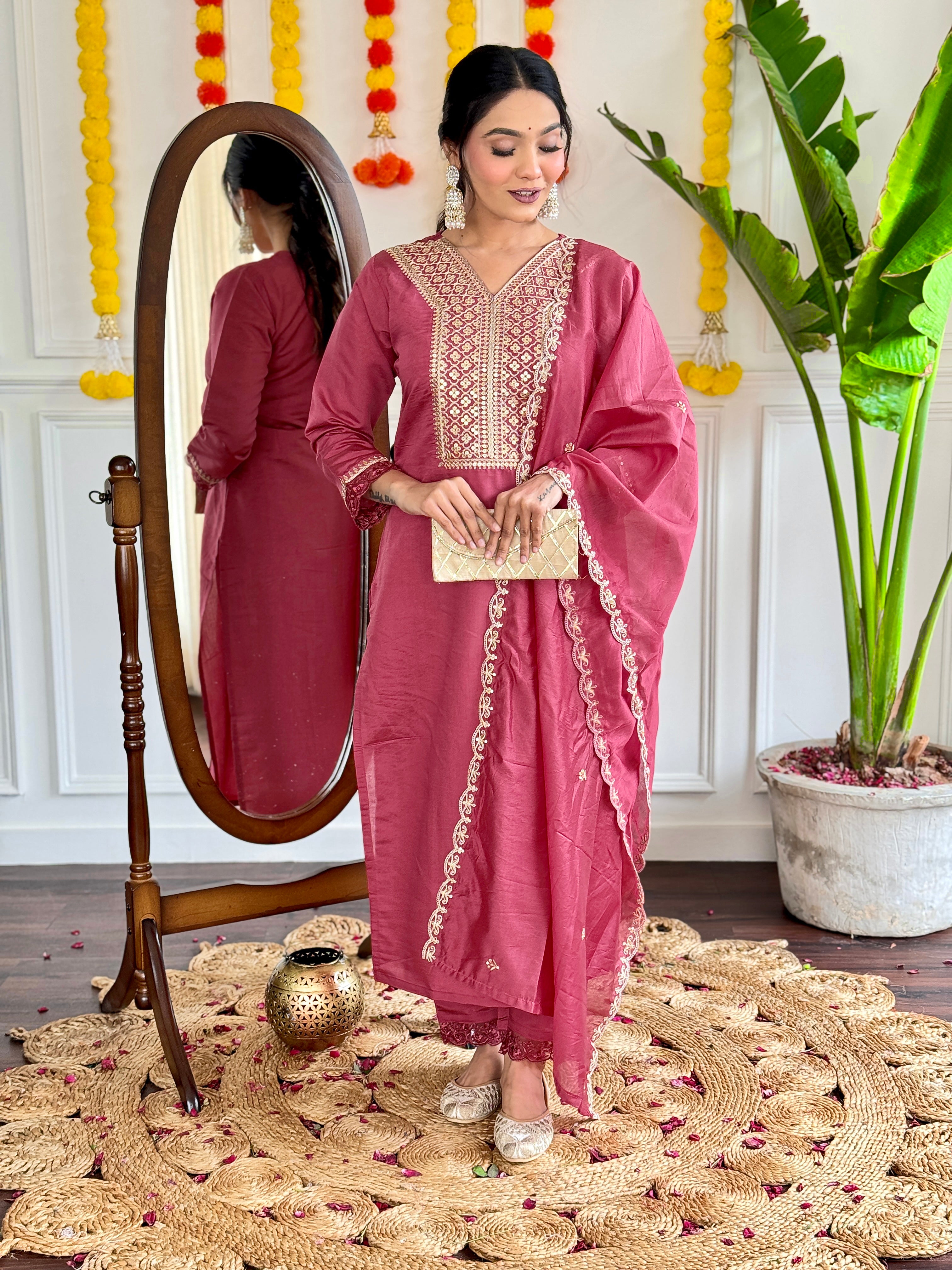 Beautiful  Viscose Chanderi Embroidered Straight Kurta with pant and dupatta sets