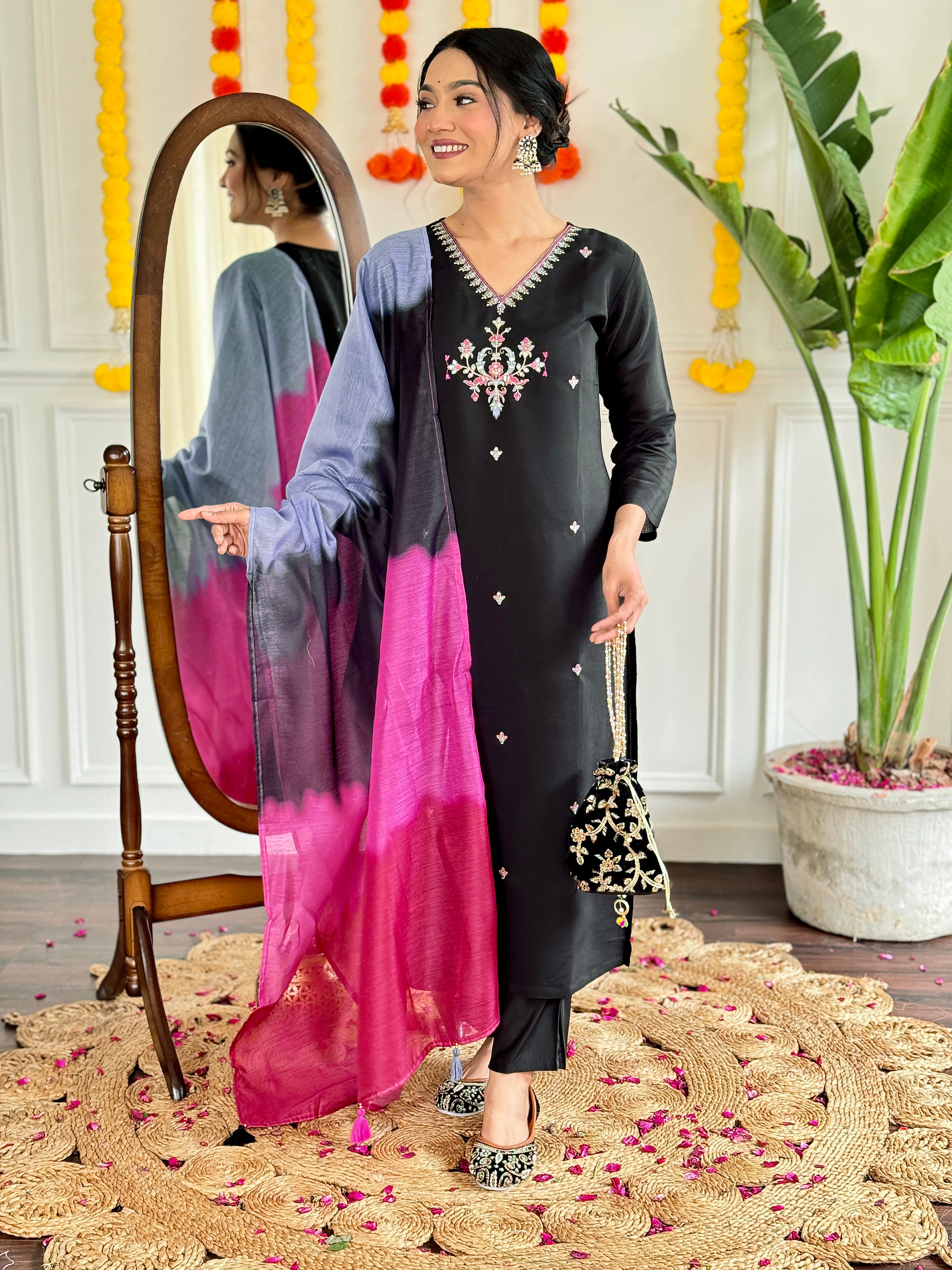 Women Viscose Chanderi Embroidered Straight Kurta with pant and dupatta sets