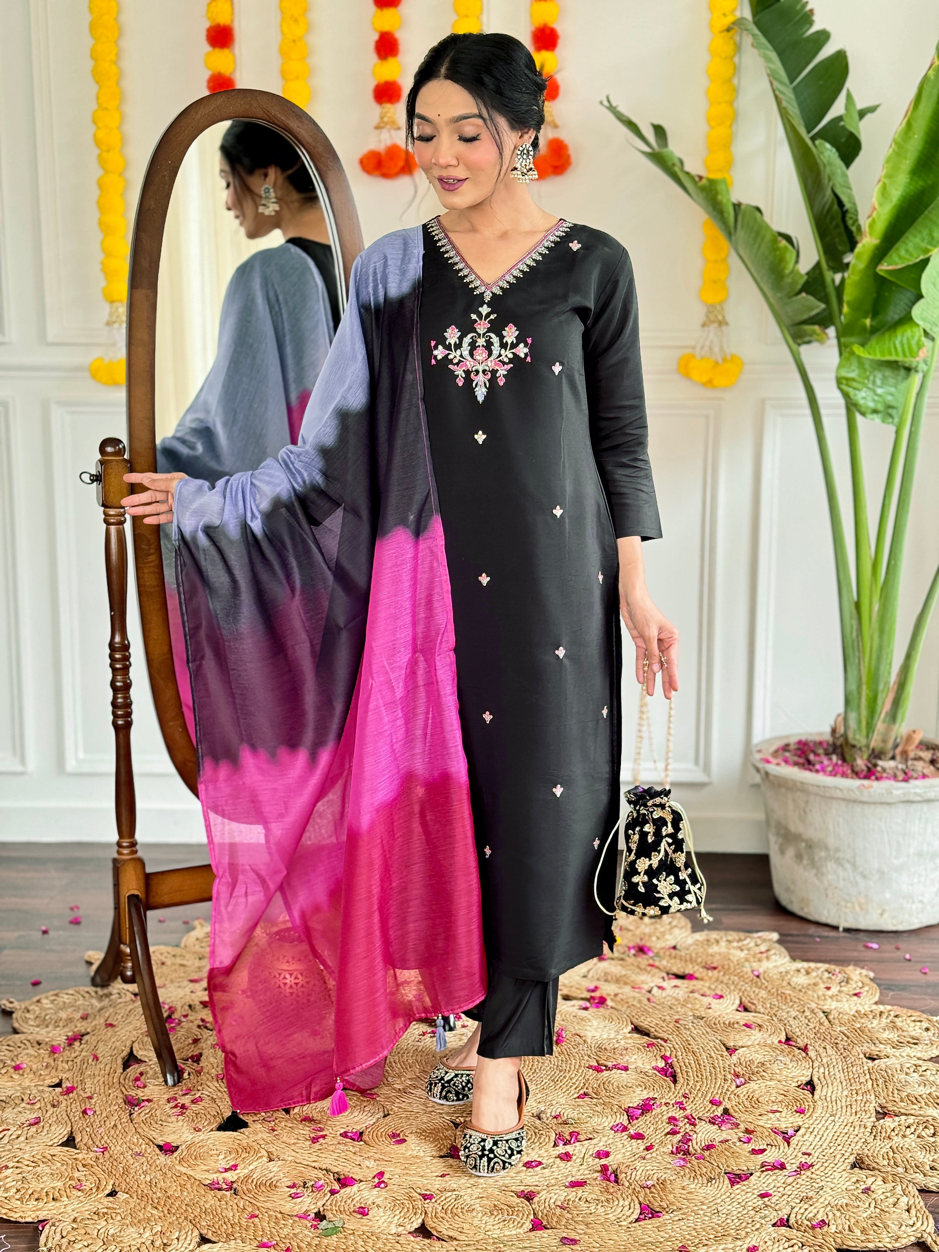 Women Viscose Chanderi Embroidered Straight Kurta with pant and dupatta sets