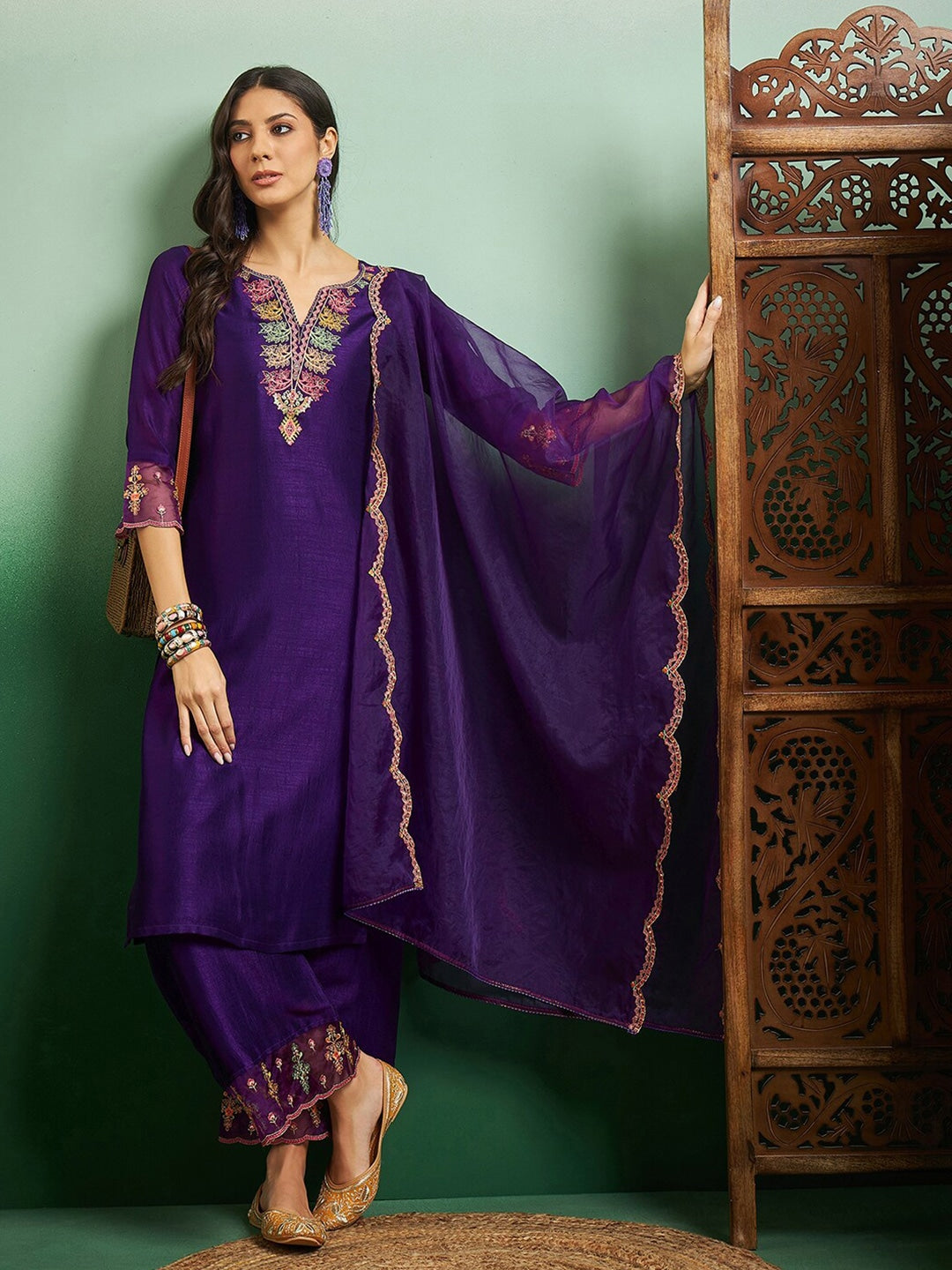 Beautiful CHANDERI Embroidered Straight Kurta with pant and dupatta sets