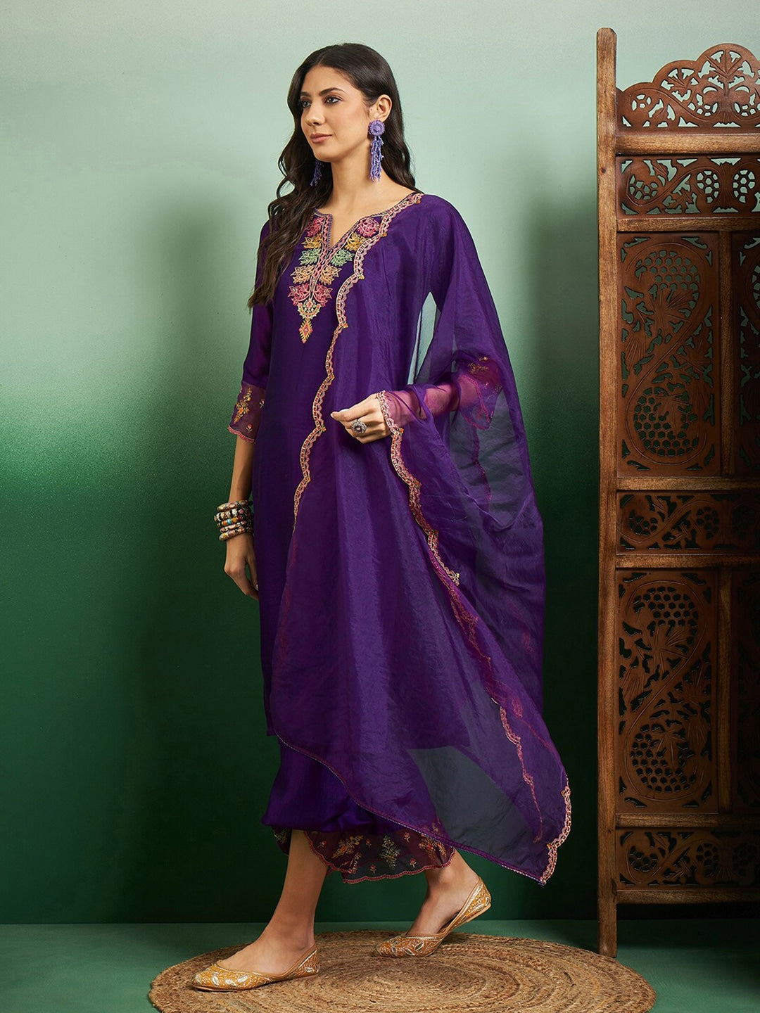 Beautiful CHANDERI Embroidered Straight Kurta with pant and dupatta sets