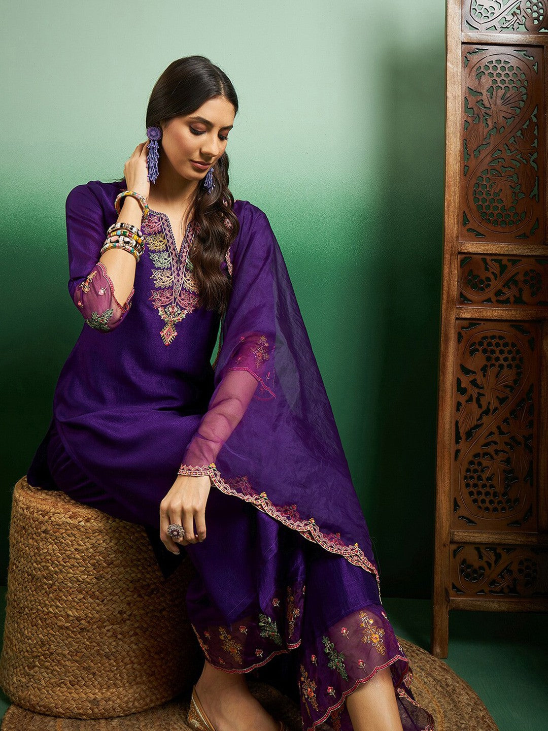 Beautiful CHANDERI Embroidered Straight Kurta with pant and dupatta sets