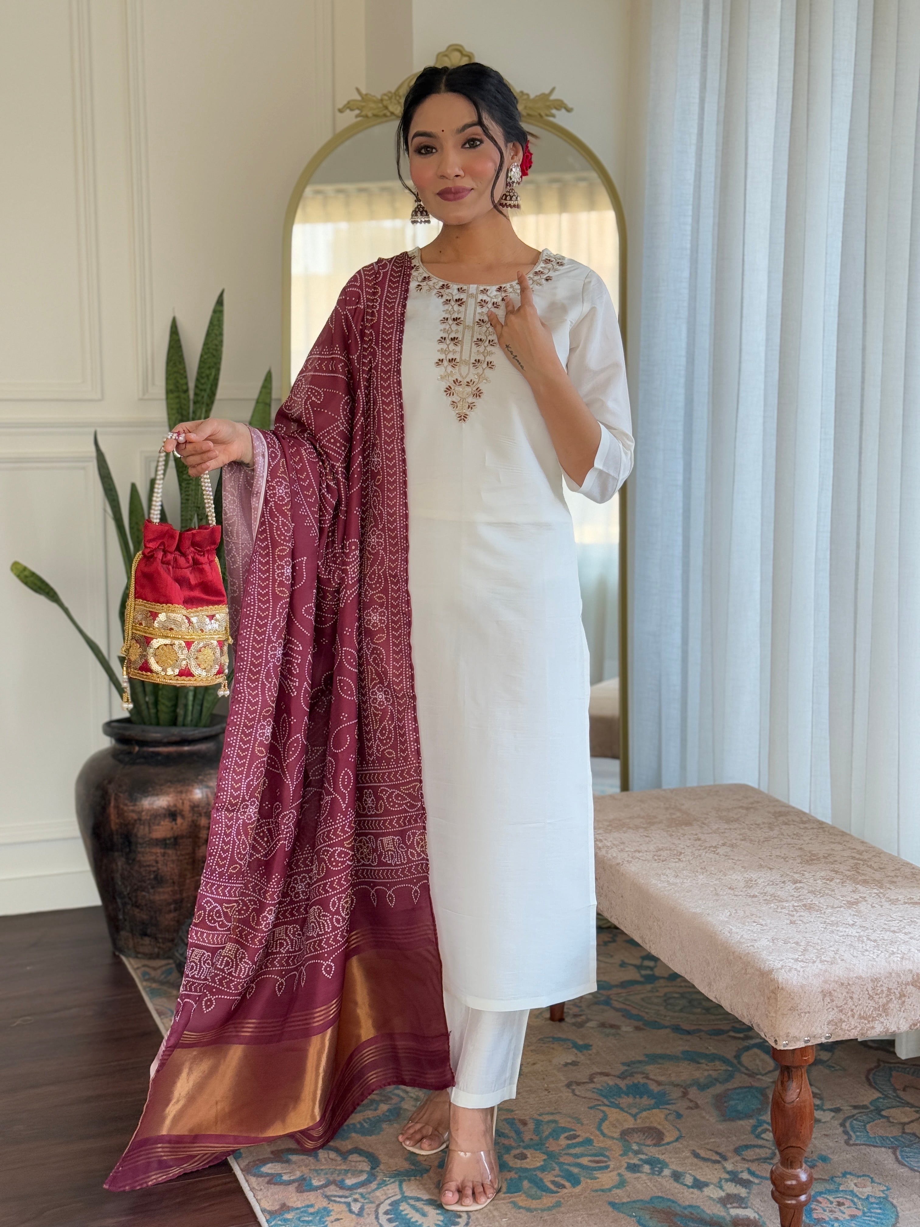 Women's Roman Silk Embroidered Straight Kurta with pant and dupatta sets