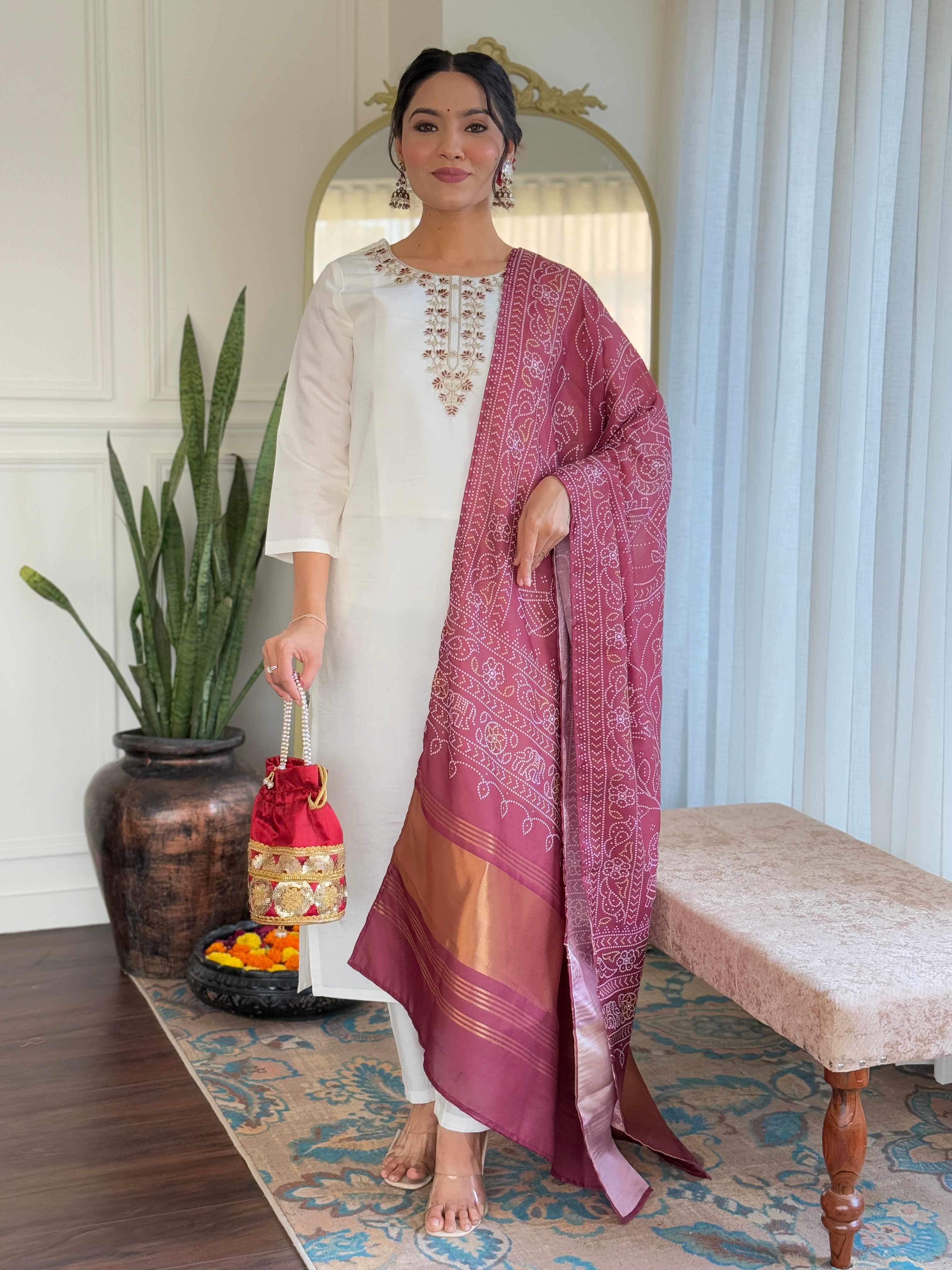 Women's Roman Silk Embroidered Straight Kurta with pant and dupatta sets