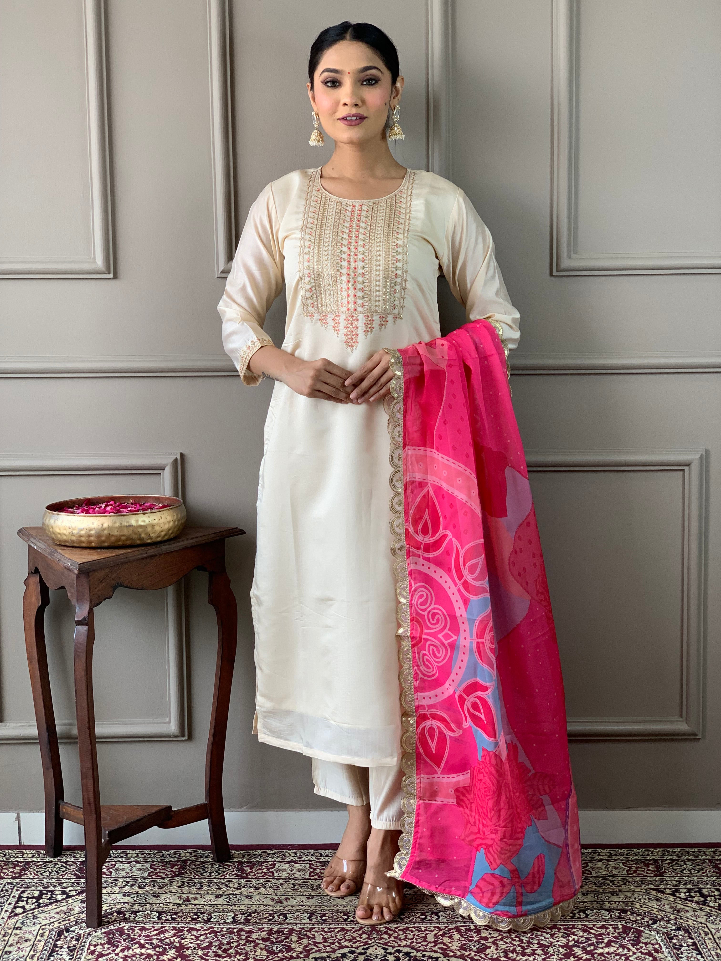 Women Viscose Chanderi Embroidered Straight Kurta with pant and dupatta sets