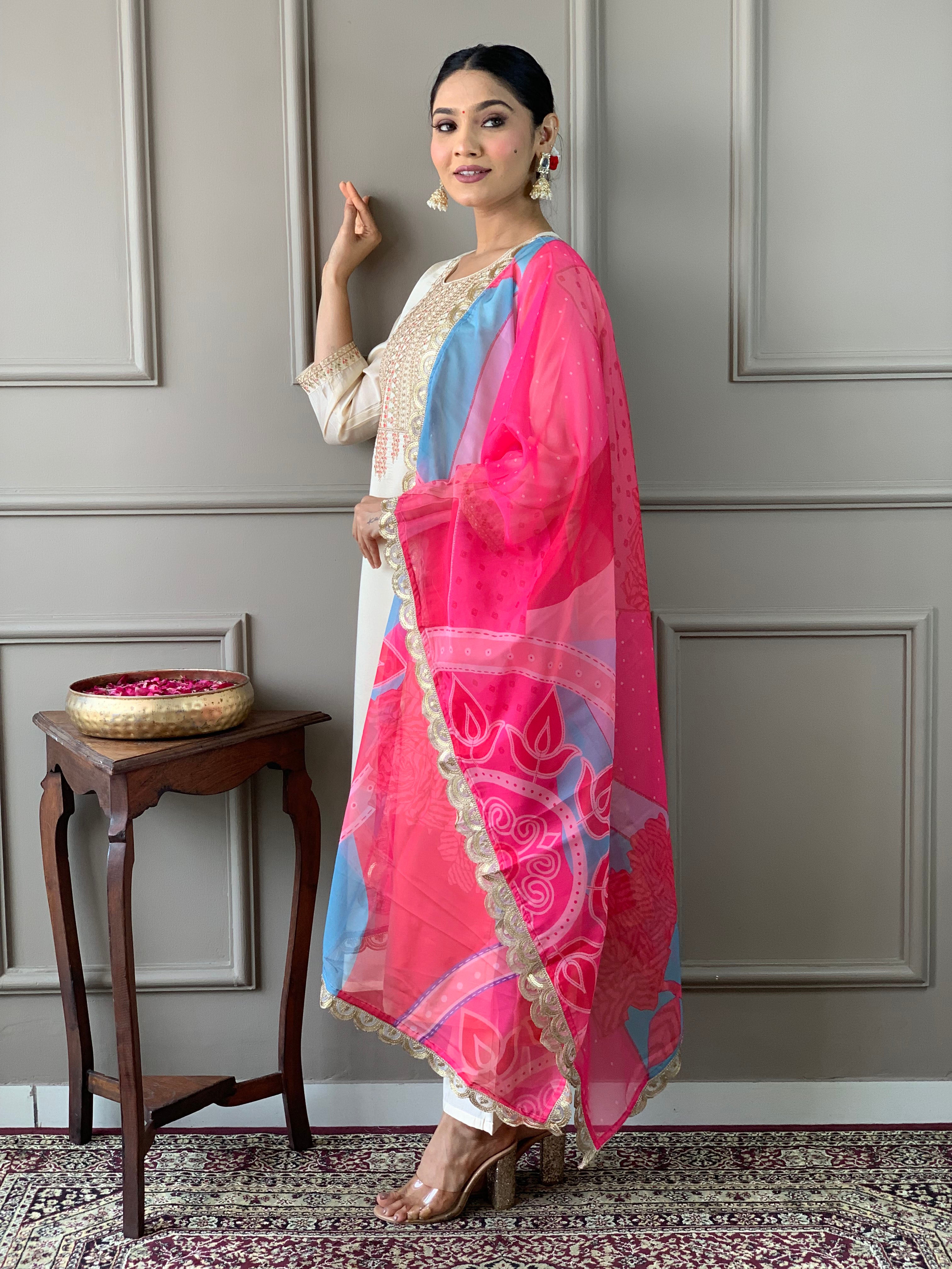 Women Viscose Chanderi Embroidered Straight Kurta with pant and dupatta sets