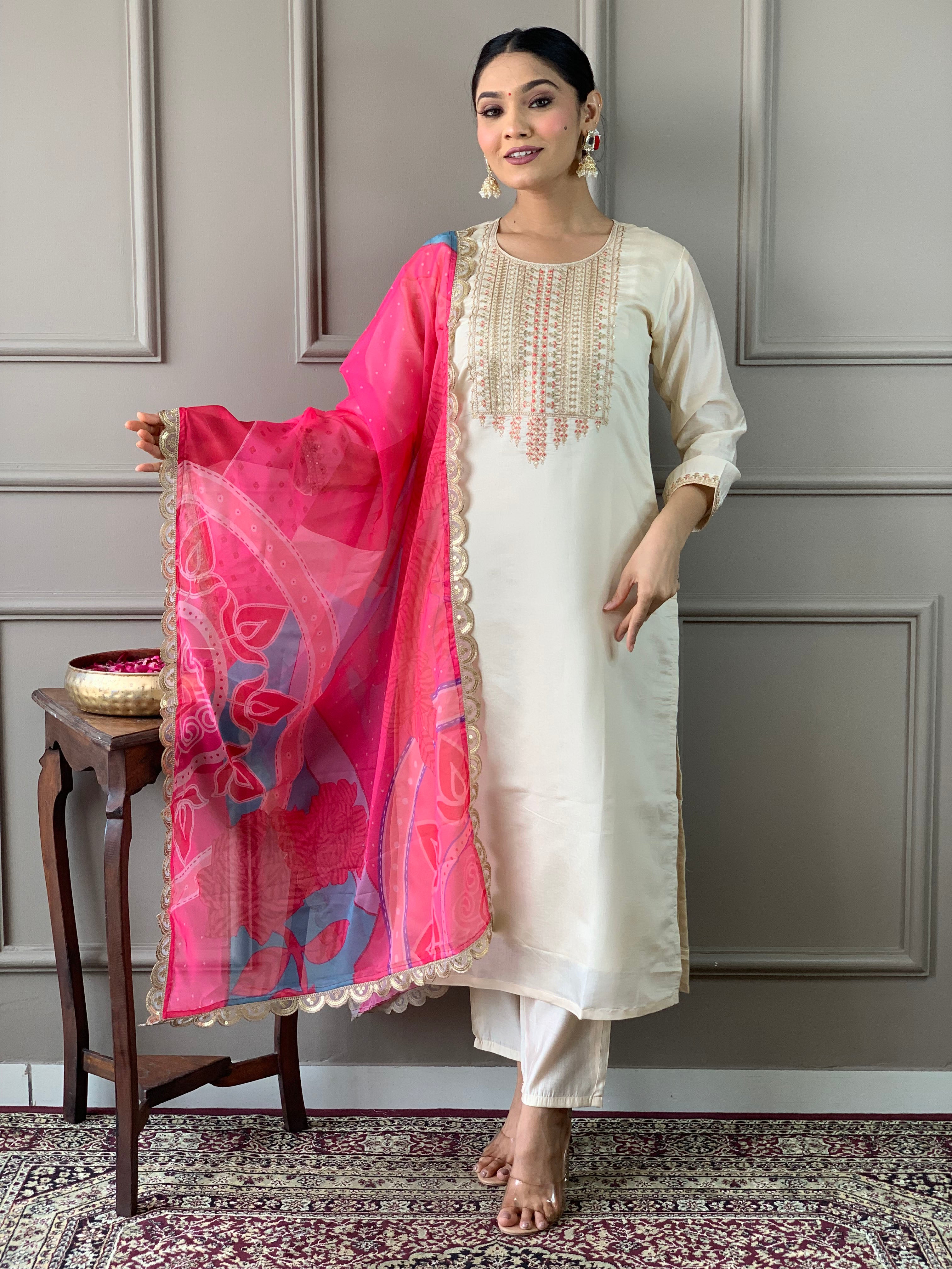 Women Viscose Chanderi Embroidered Straight Kurta with pant and dupatta sets