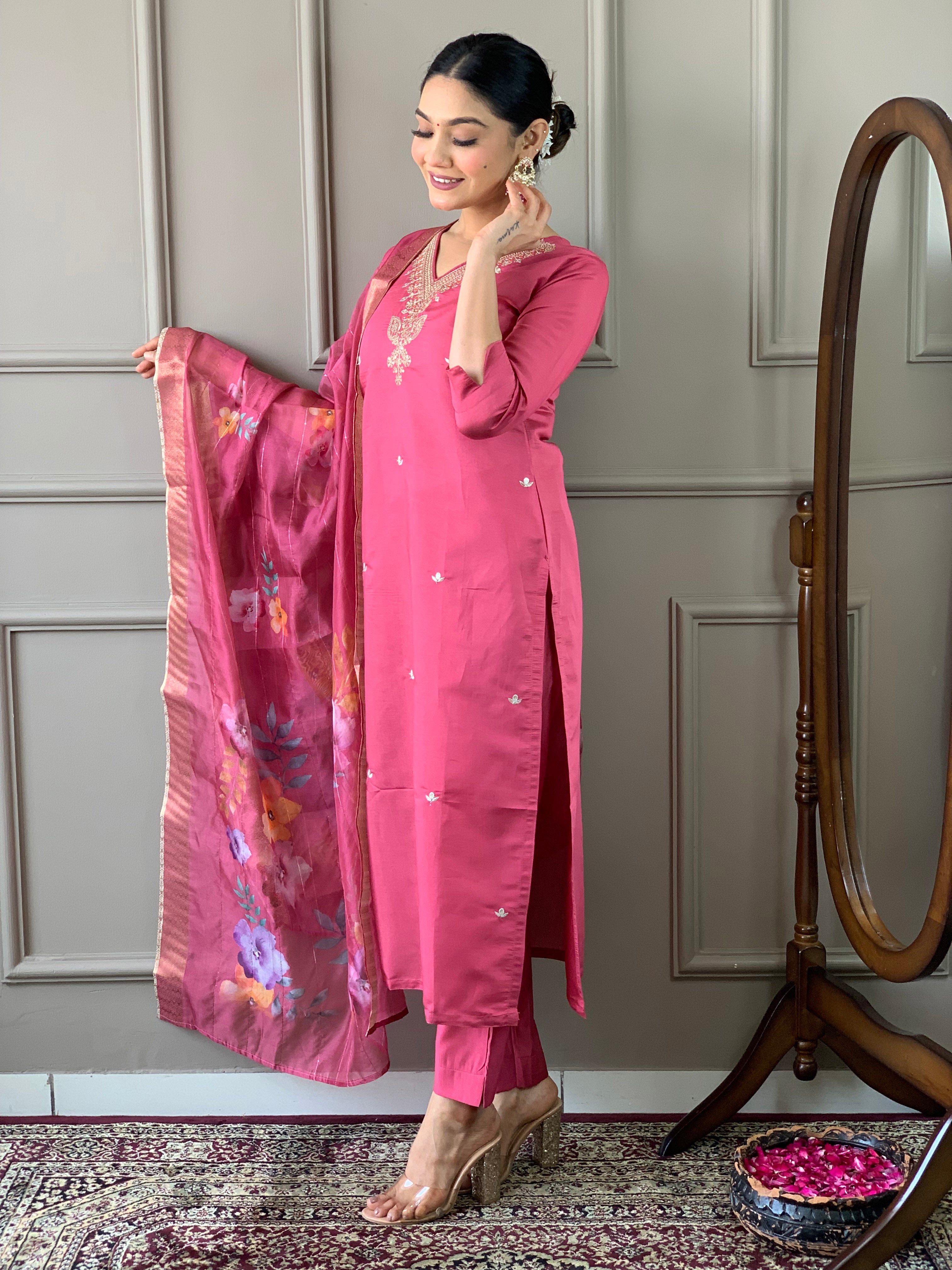 Women Viscose Chanderi Embroidered Straight Kurta with pant and dupatta sets