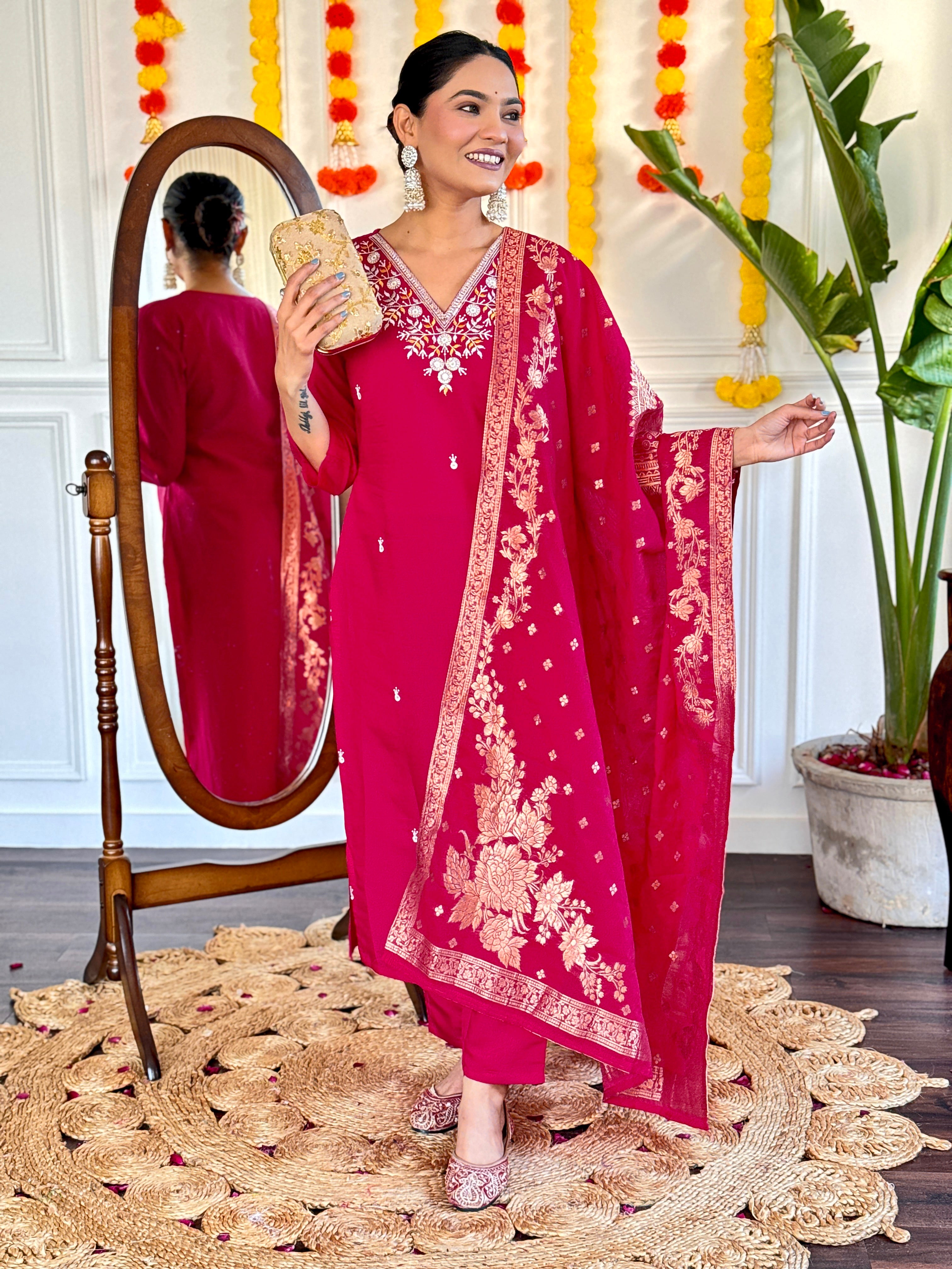 Women Viscose Chanderi Embroidered Straight Kurta with pant and dupatta sets