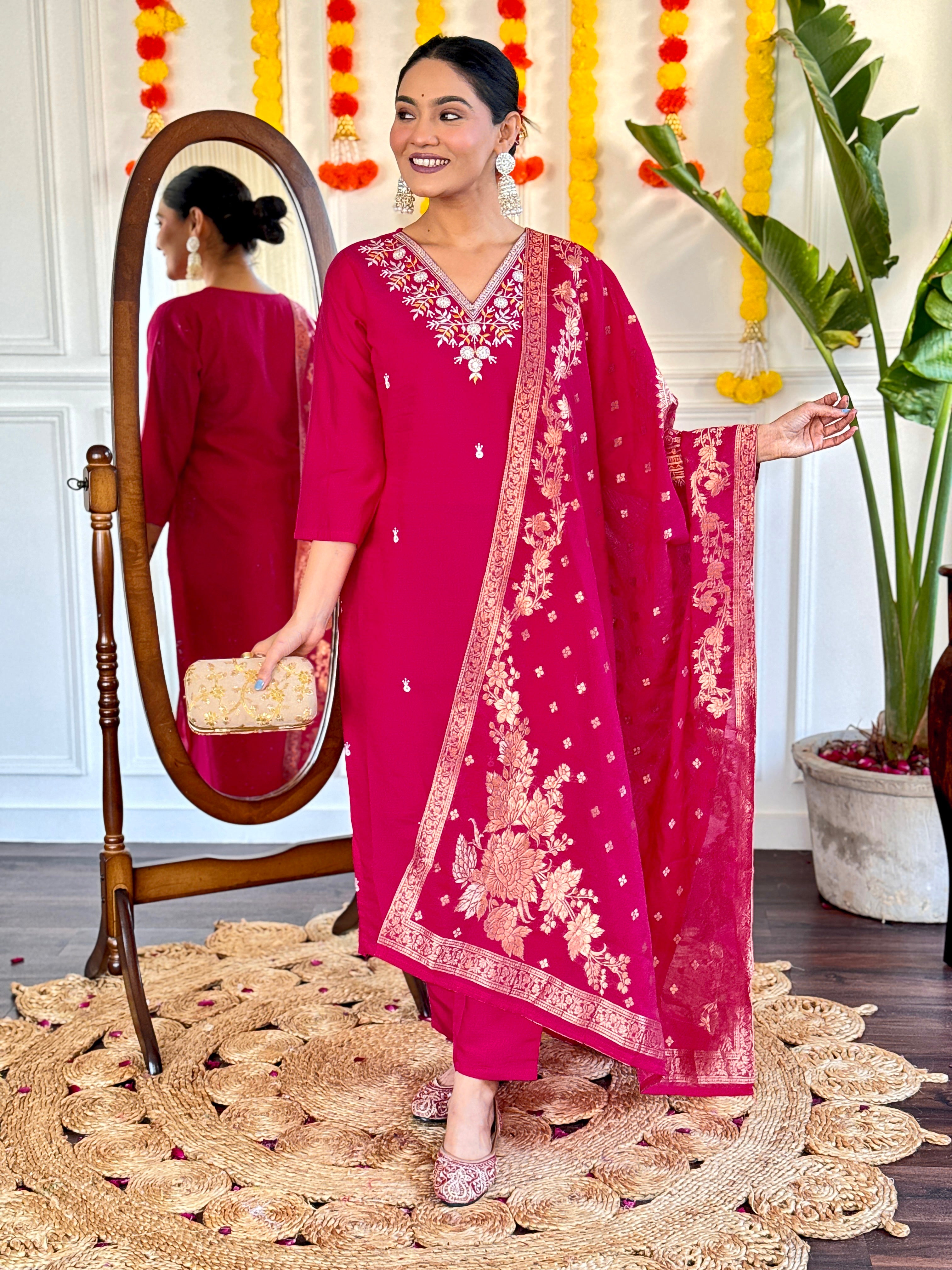 Women Viscose Chanderi Embroidered Straight Kurta with pant and dupatta sets