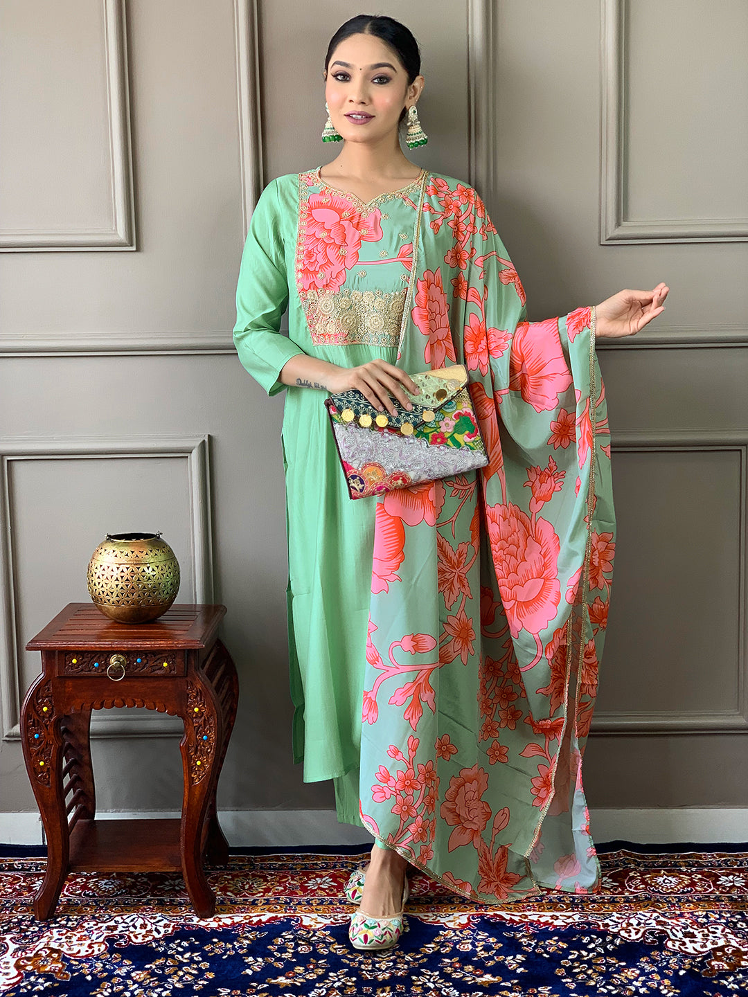 Women Viscose Chanderi Embroidered Straight Kurta with pant and dupatta sets