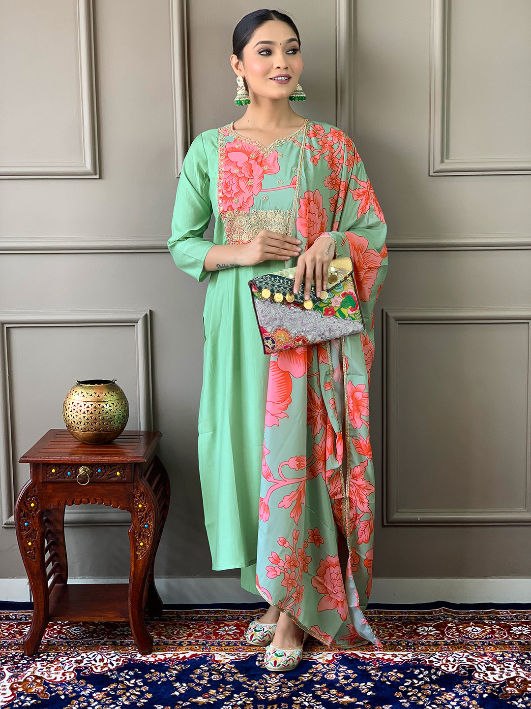 Women Viscose Chanderi Embroidered Straight Kurta with pant and dupatta sets