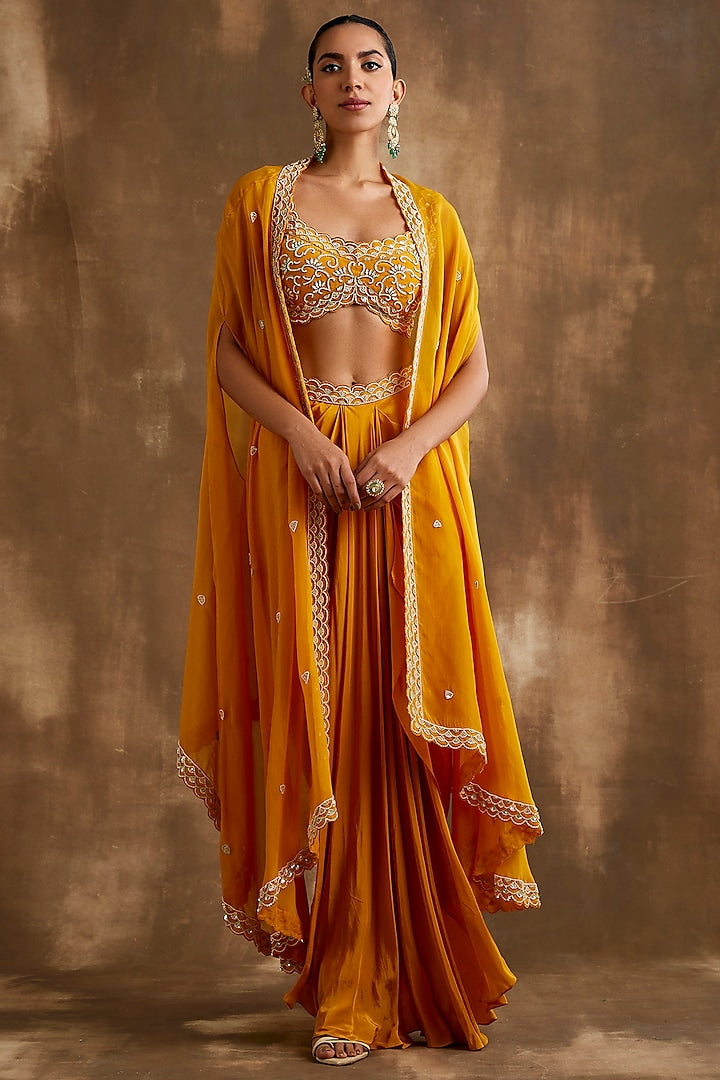 Yellow draped skirt with embroidered crop top & cape