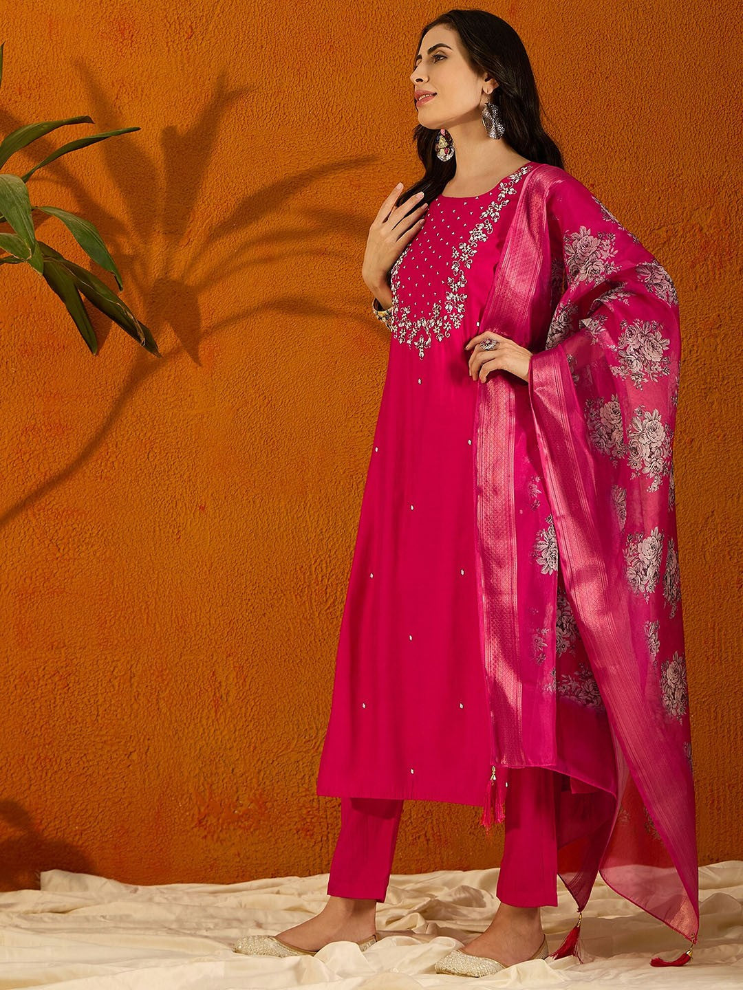 Women Viscose Chanderi Embroidered Straight Kurta with pant and dupatta sets