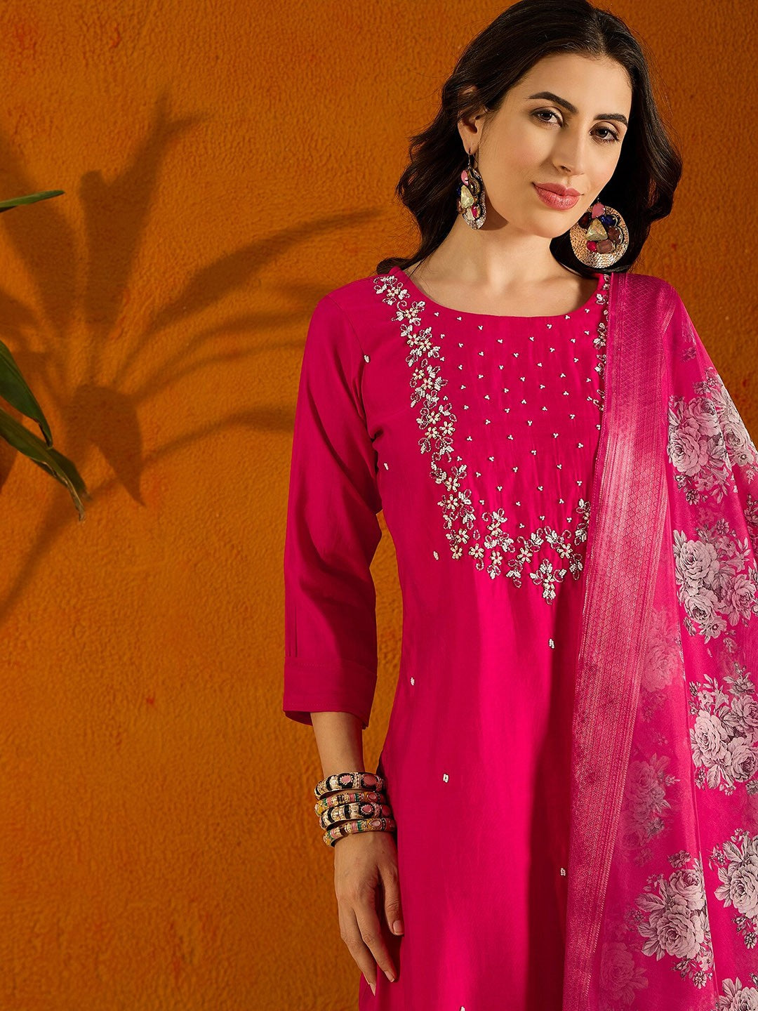 Women Viscose Chanderi Embroidered Straight Kurta with pant and dupatta sets