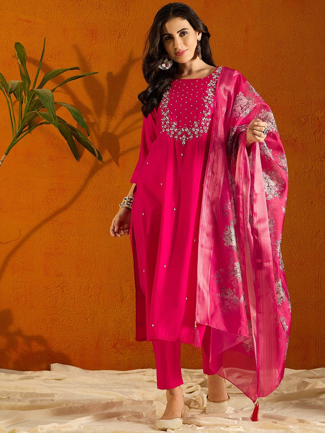 Women Viscose Chanderi Embroidered Straight Kurta with pant and dupatta sets