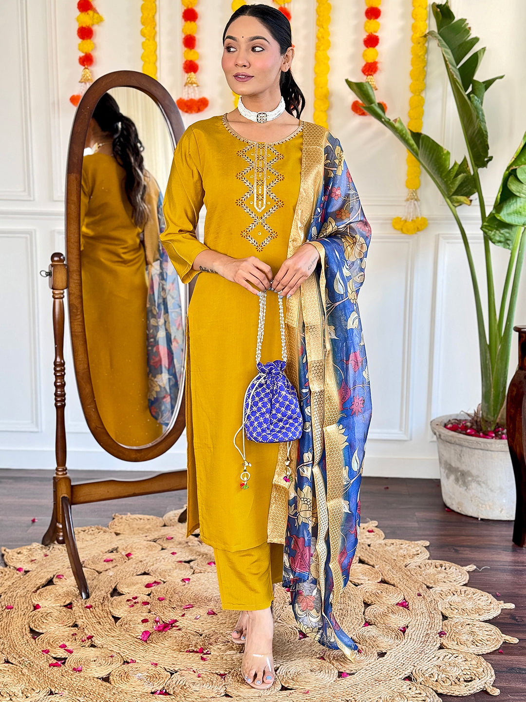 Women Viscose Chanderi Embroidered Straight Kurta with pant and dupatta sets