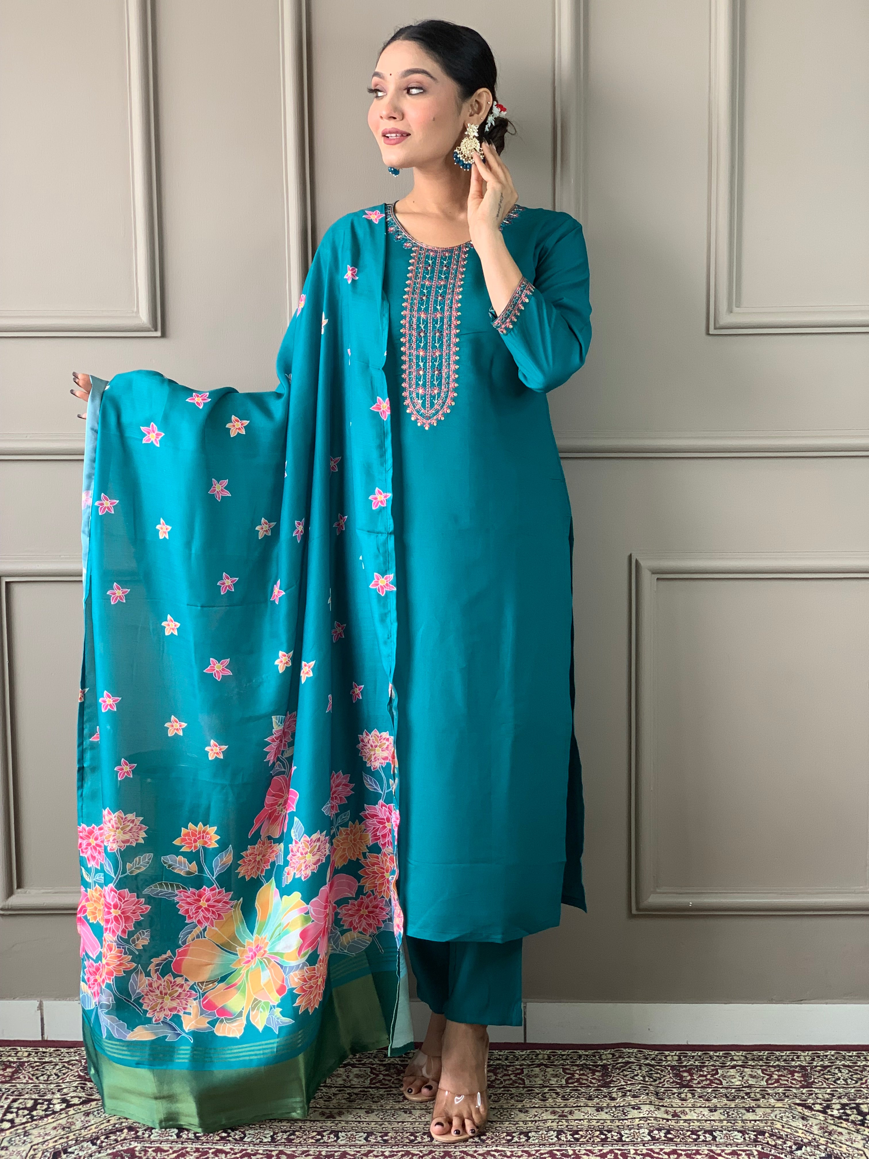 Beautiful blue Viscose Chanderi Embroidered Straight Kurta with pant and dupatta sets