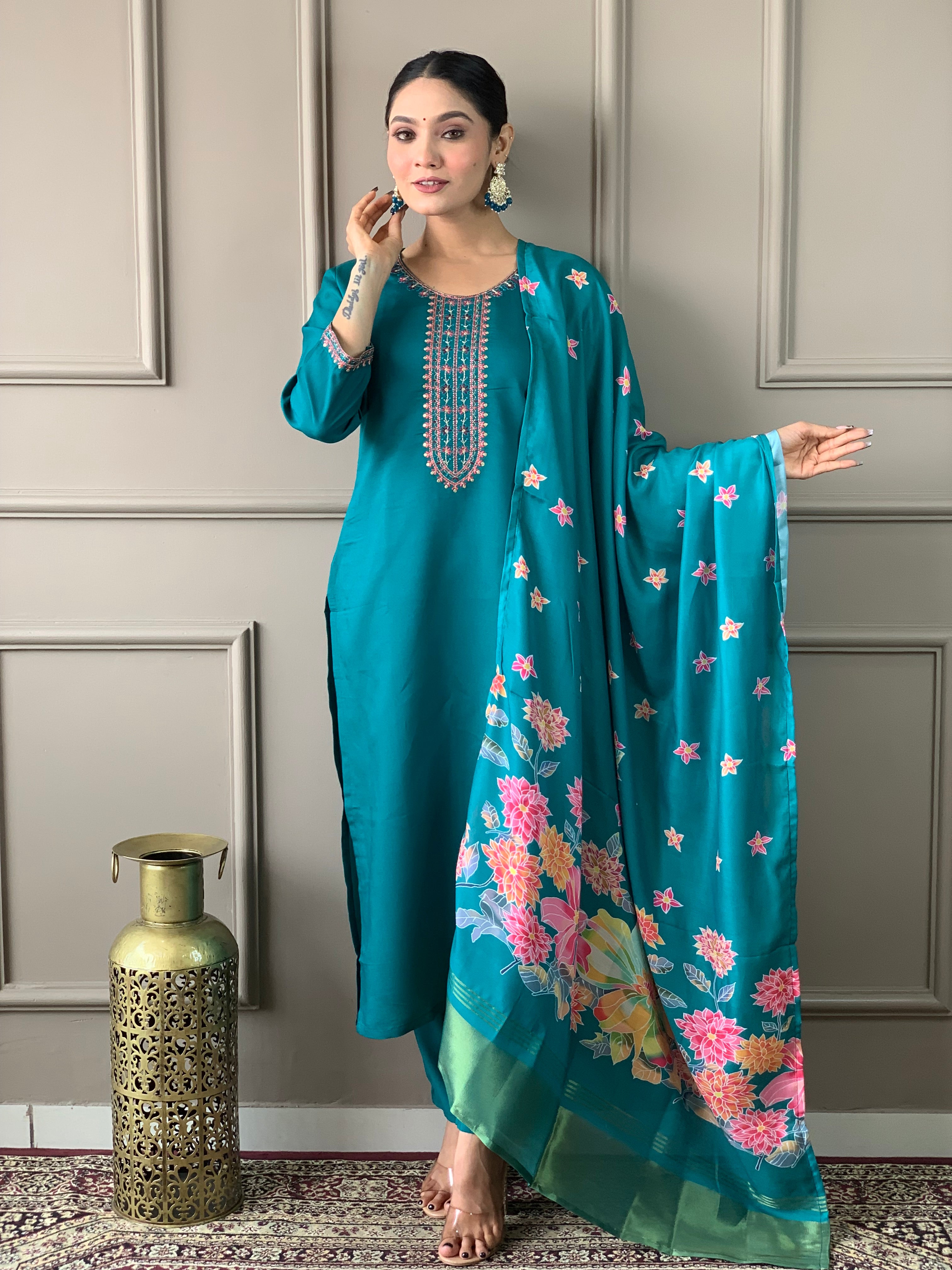 Beautiful blue Viscose Chanderi Embroidered Straight Kurta with pant and dupatta sets