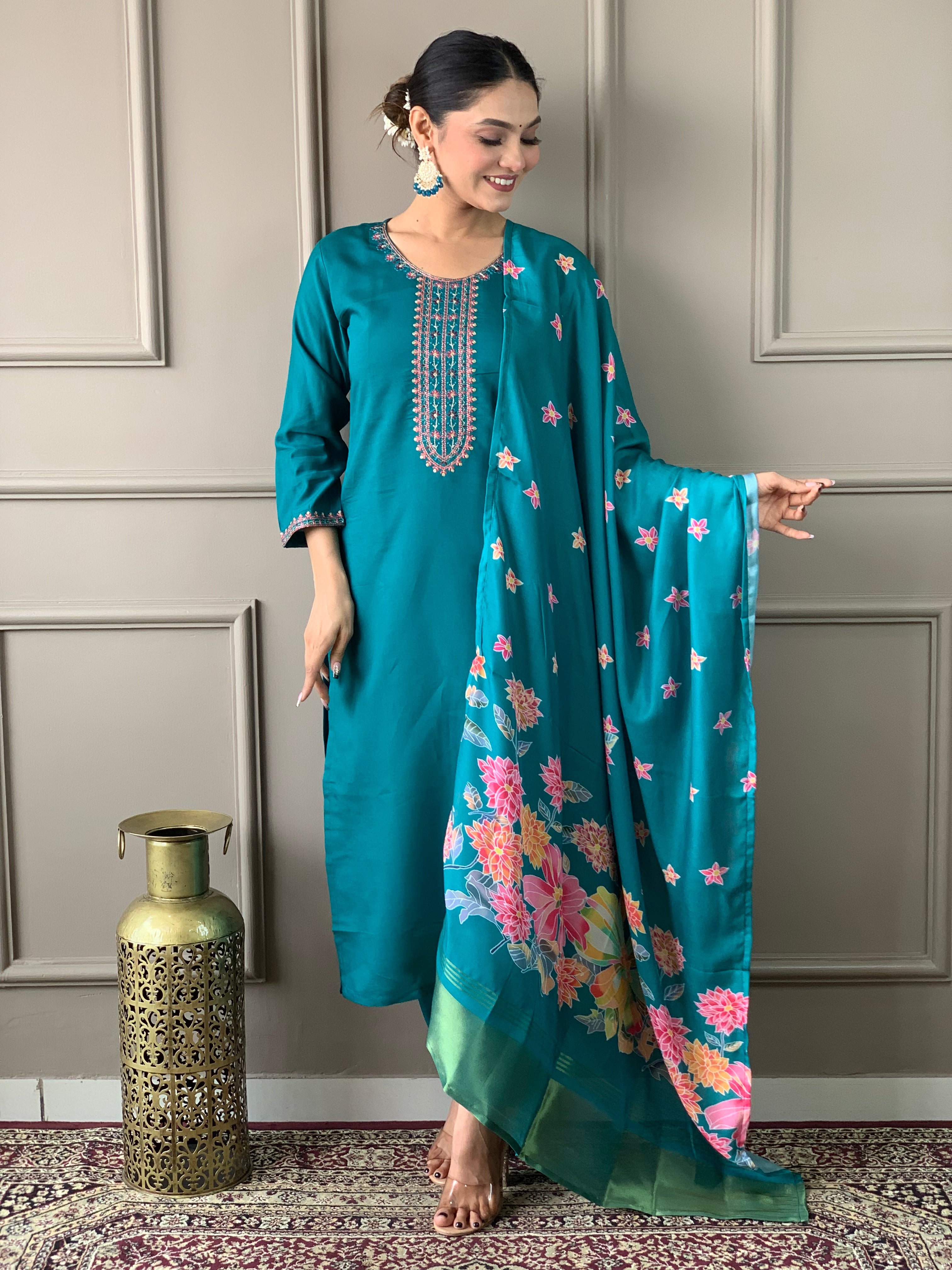 Beautiful blue Viscose Chanderi Embroidered Straight Kurta with pant and dupatta sets