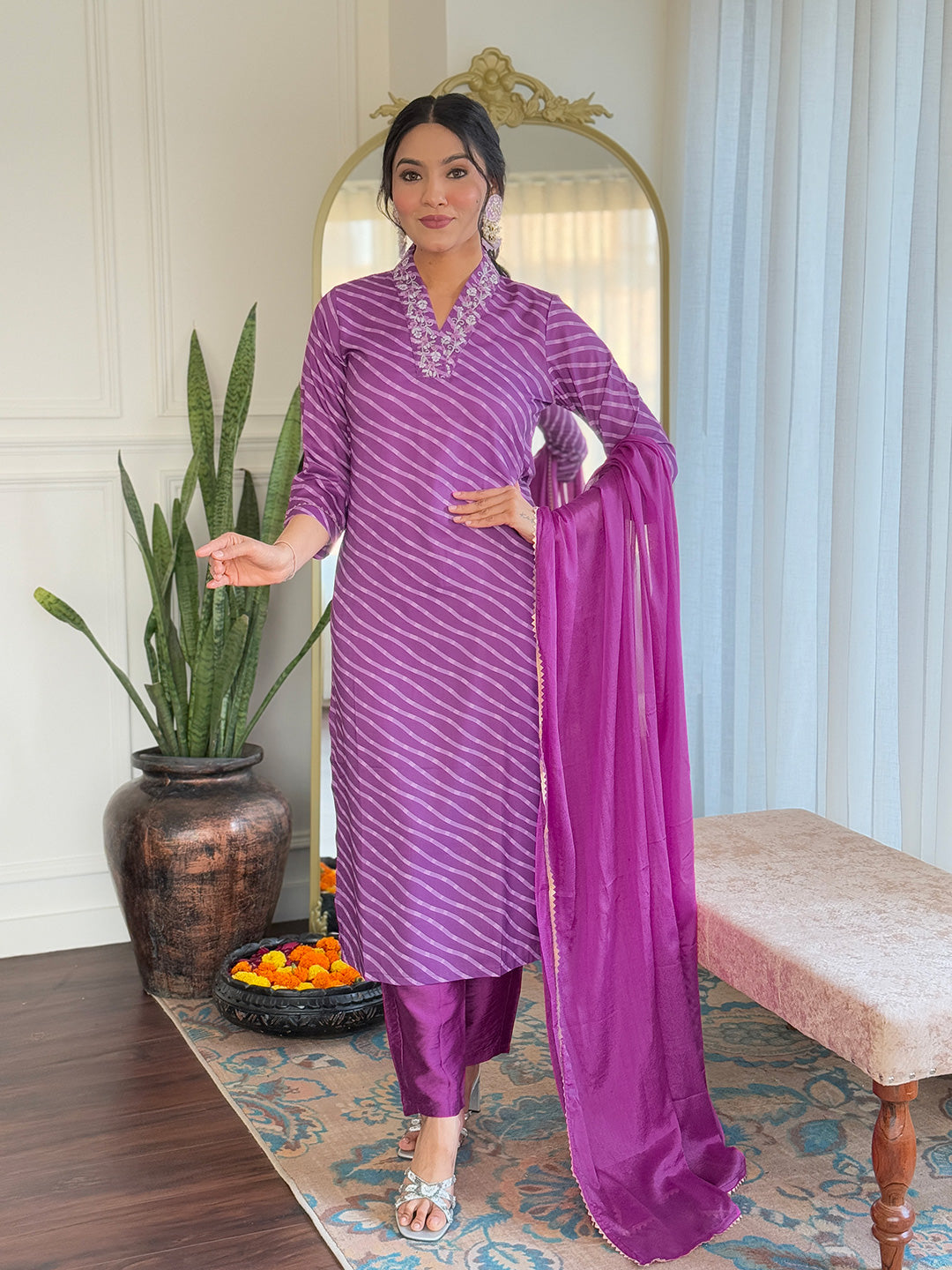 Women's Muslin hand Embroidered Straight Kurta with pant and dupatta sets