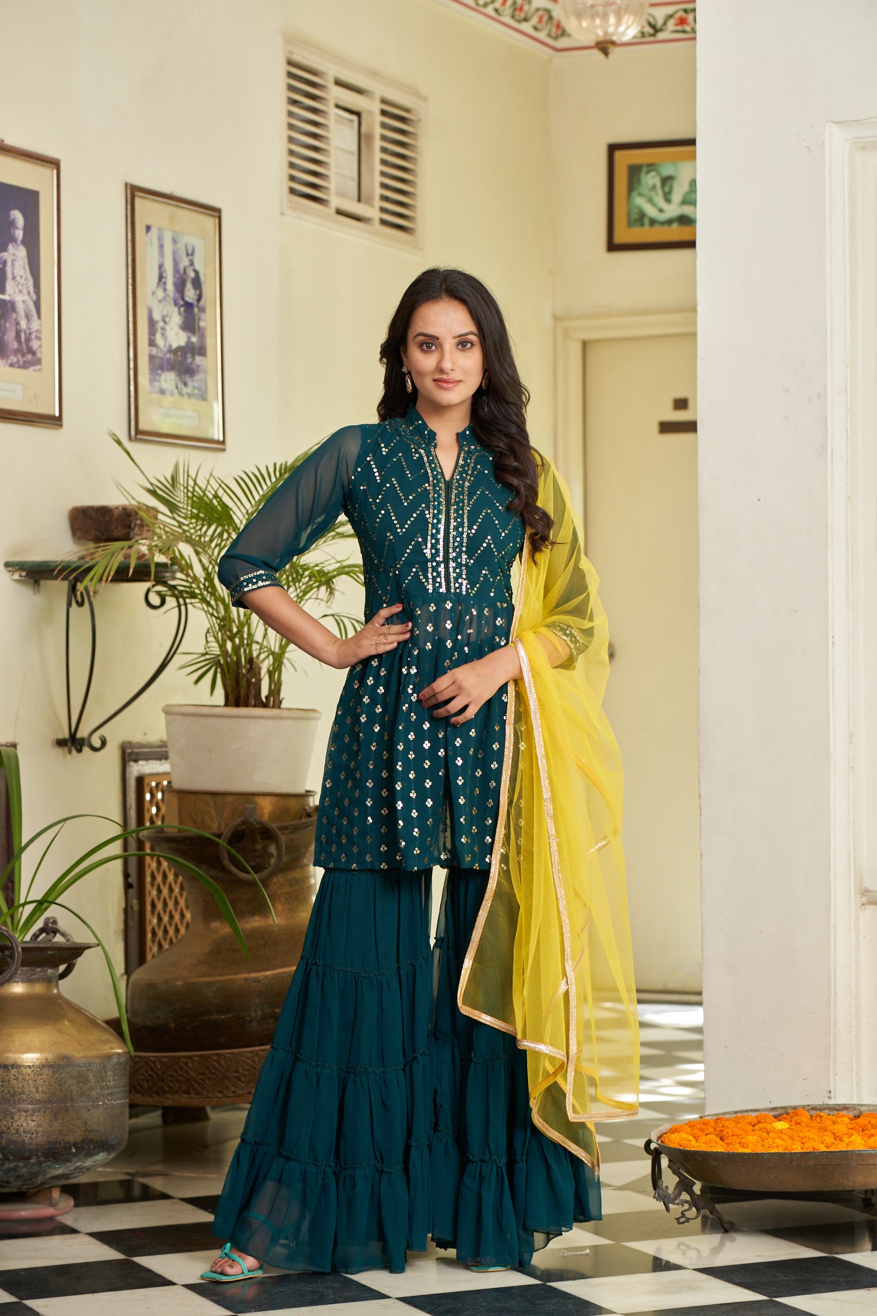 Sea Green Sequins Embroidered Georgette Sharara Suit