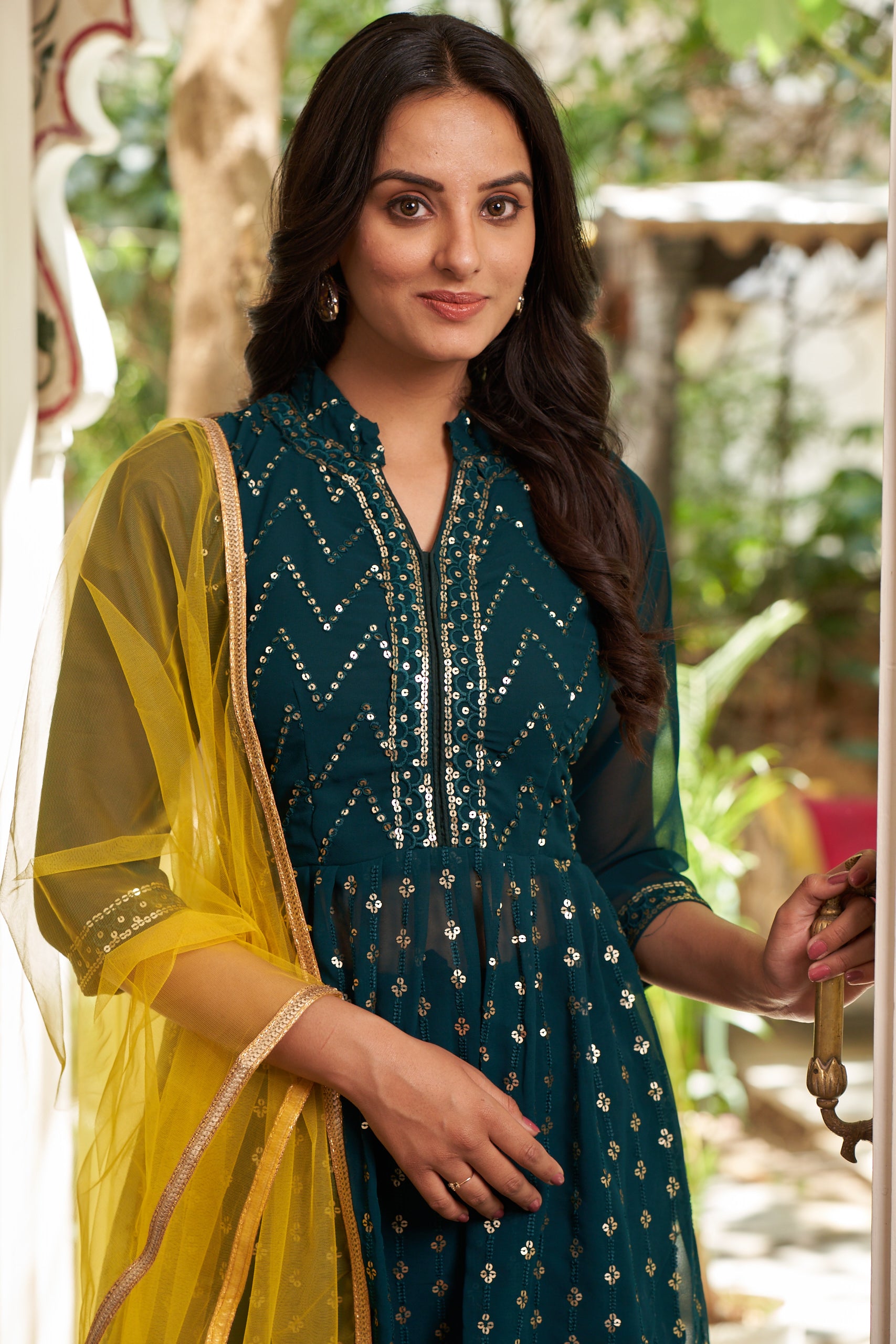 Sea Green Sequins Embroidered Georgette Sharara Suit