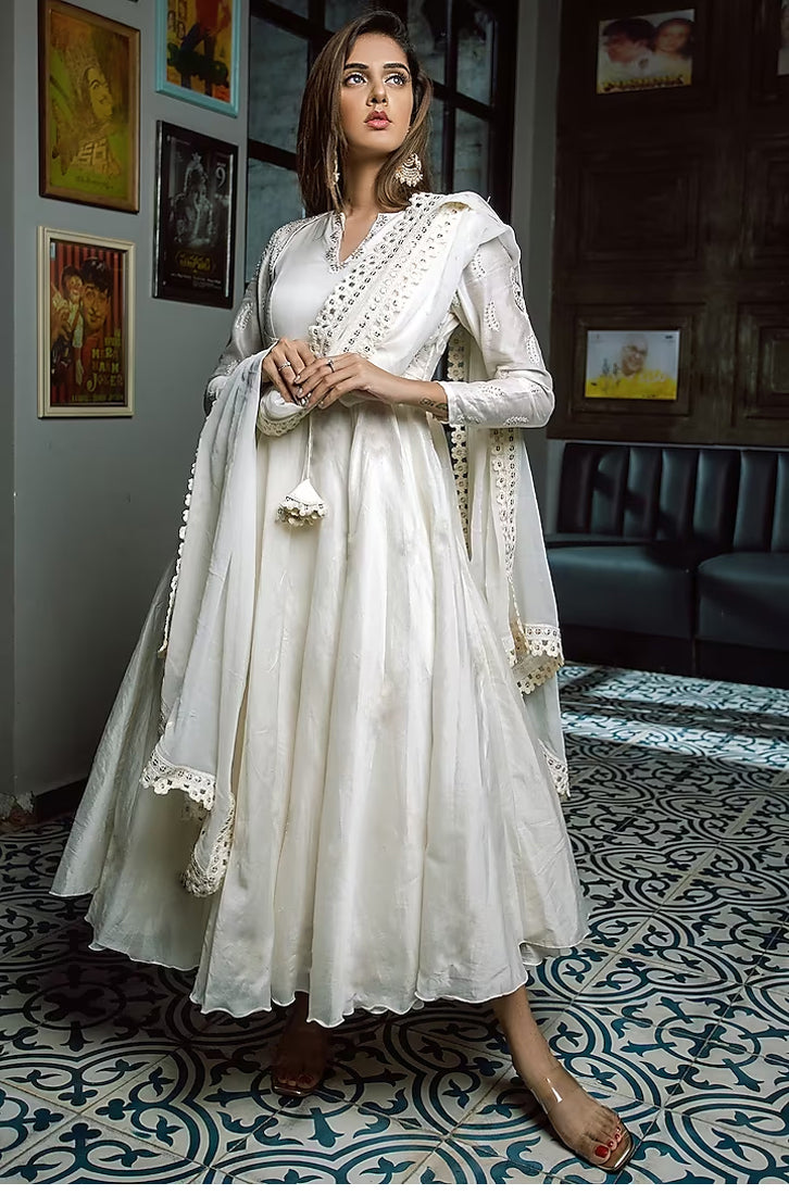 White Sequins Embroidered Chanderi Gown With Dupatta Set