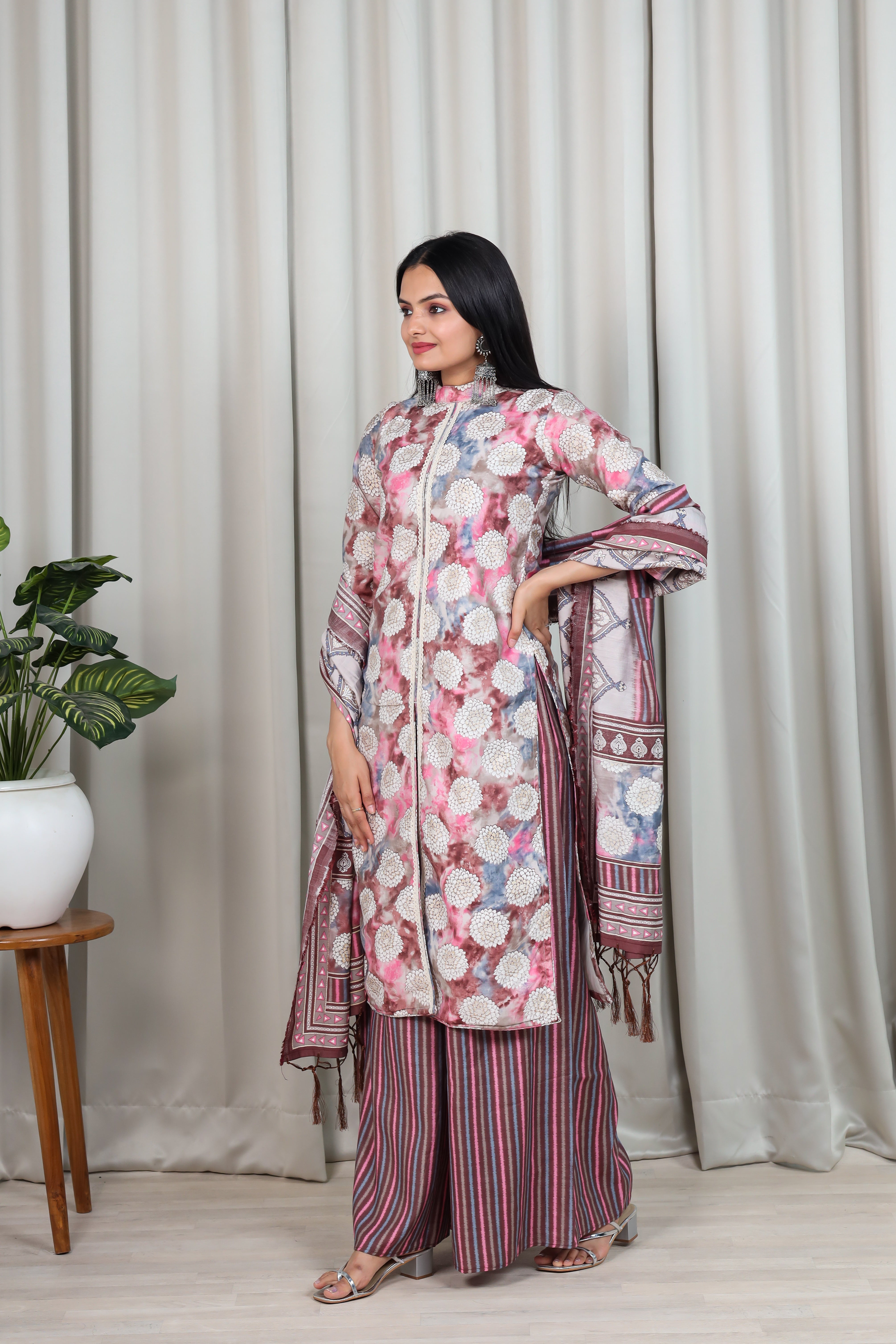 Floral Printed Chanderi Cotton Kurta With Palazzo & Dupatta