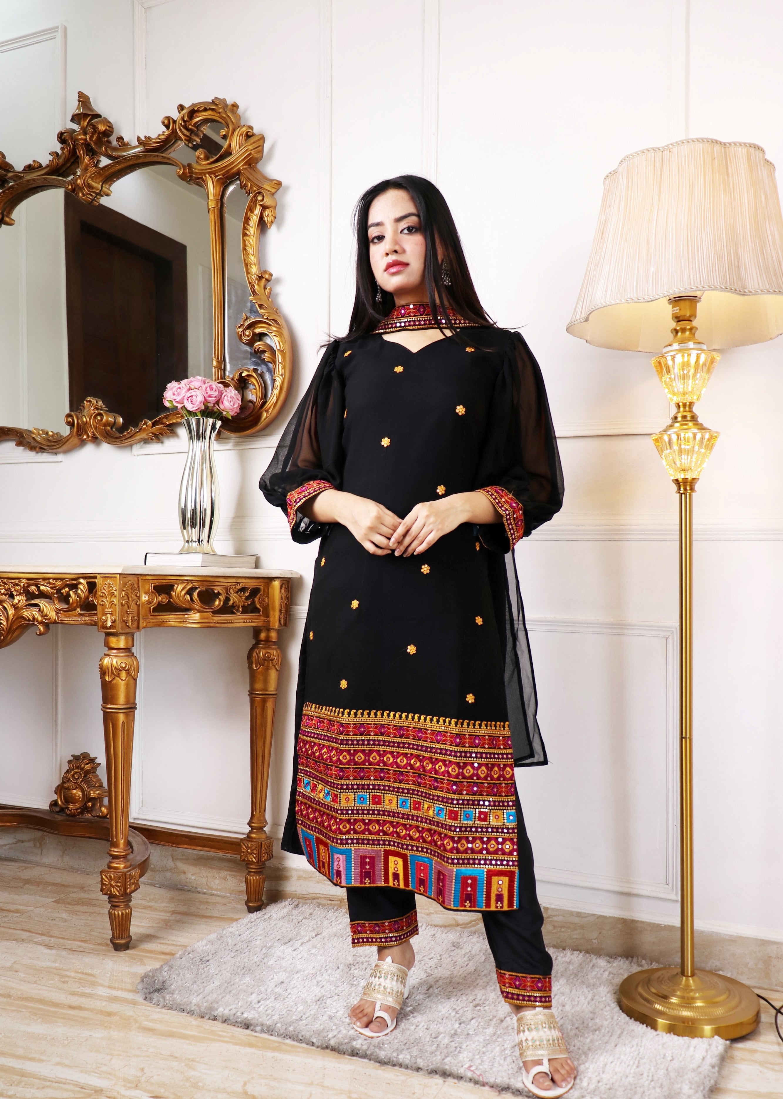 EMBELLISHED THREAD WORK KURTA WITH TROUSERS & DUPATTA