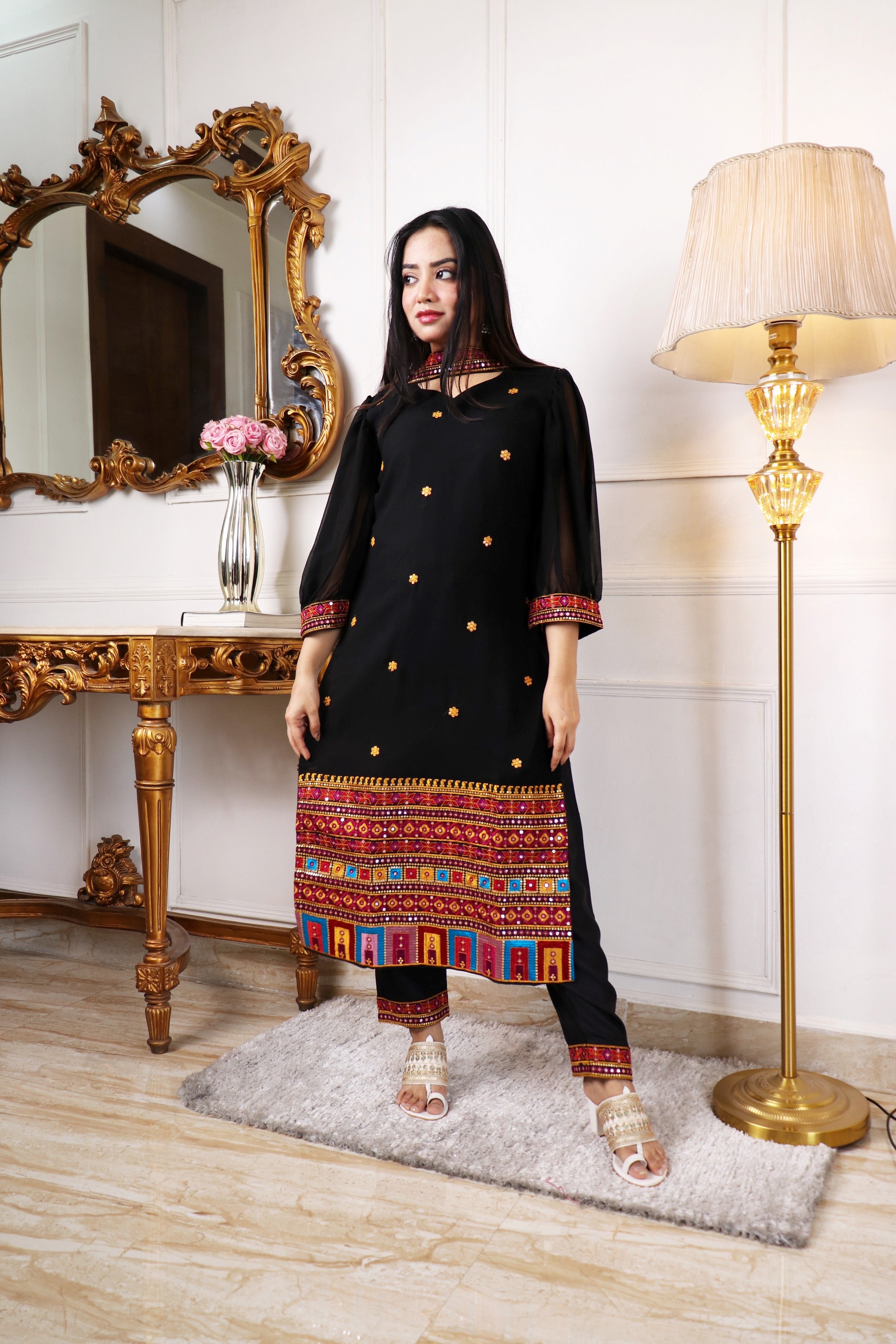 EMBELLISHED THREAD WORK KURTA WITH TROUSERS & DUPATTA