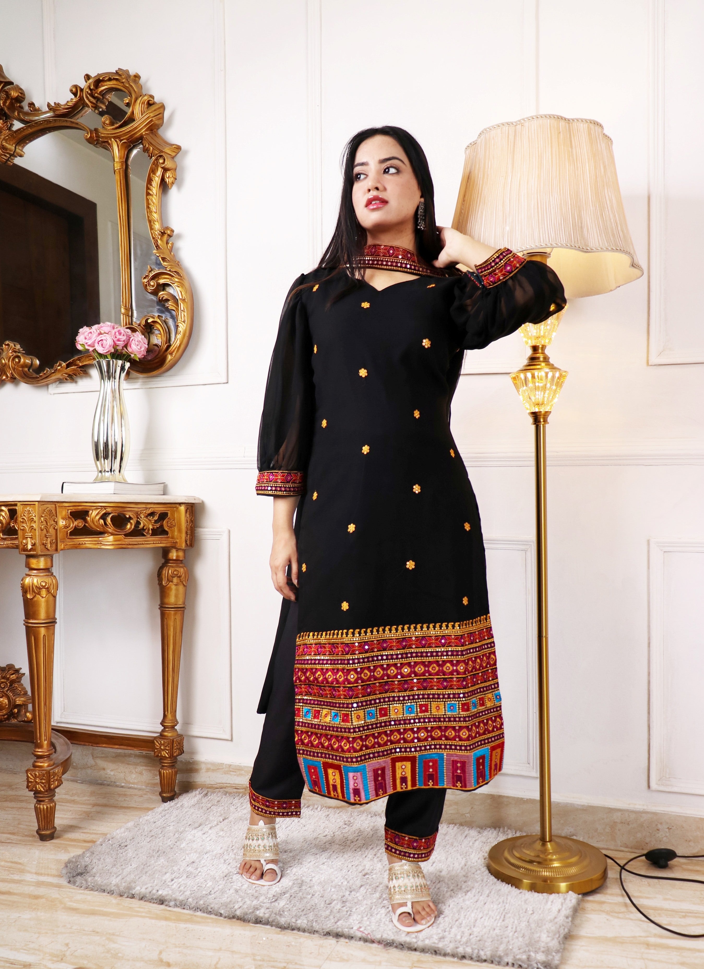 EMBELLISHED THREAD WORK KURTA WITH TROUSERS & DUPATTA