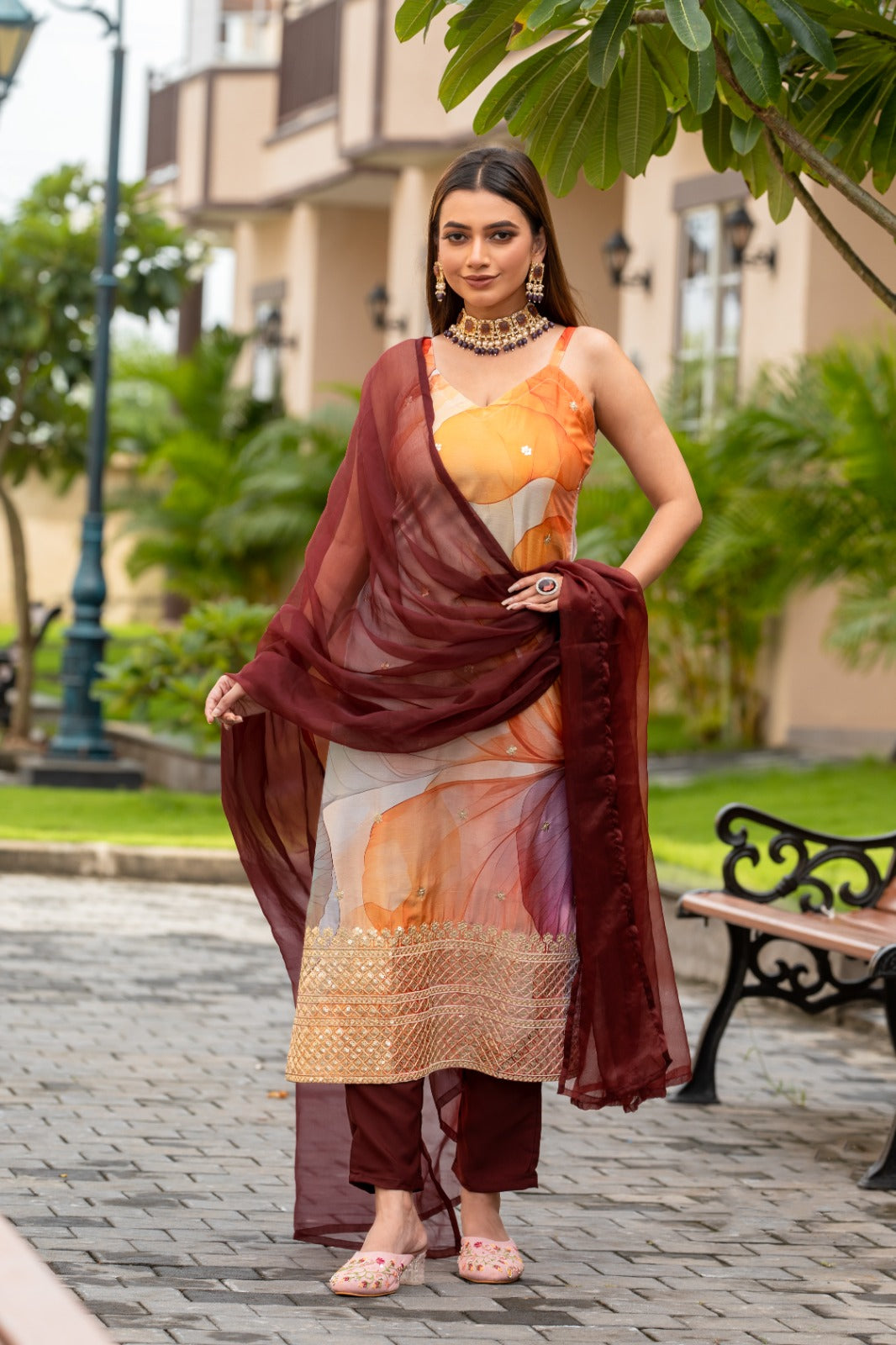 Multi Color Sequined Embroidered Work Kurta With Trousers & Dupatta