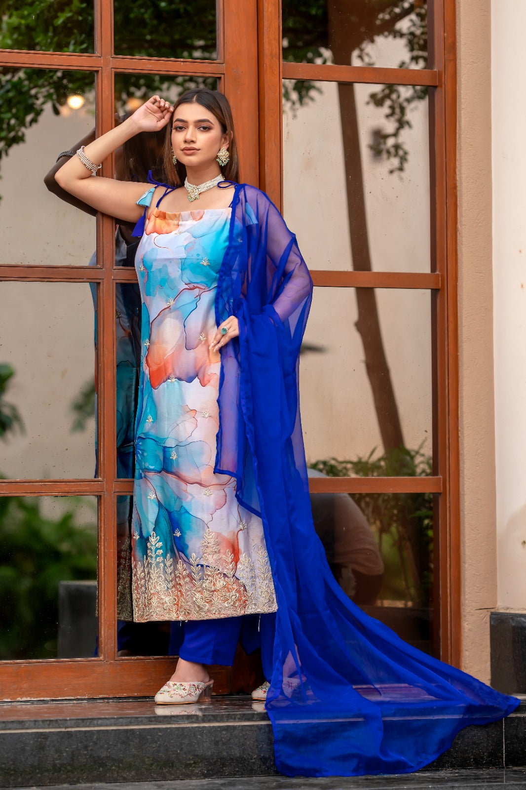 Royal Blue Color Embroidered Work Kurta With Trousers & Dupatta