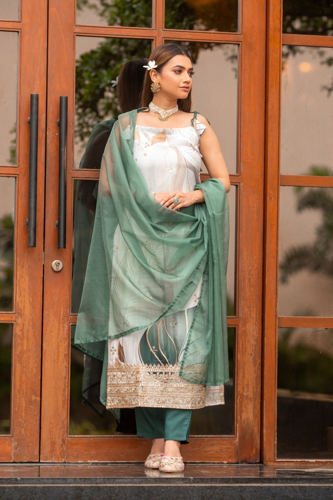 Pista Color Sequined Embroidered Work Kurta With Trousers & Dupatta