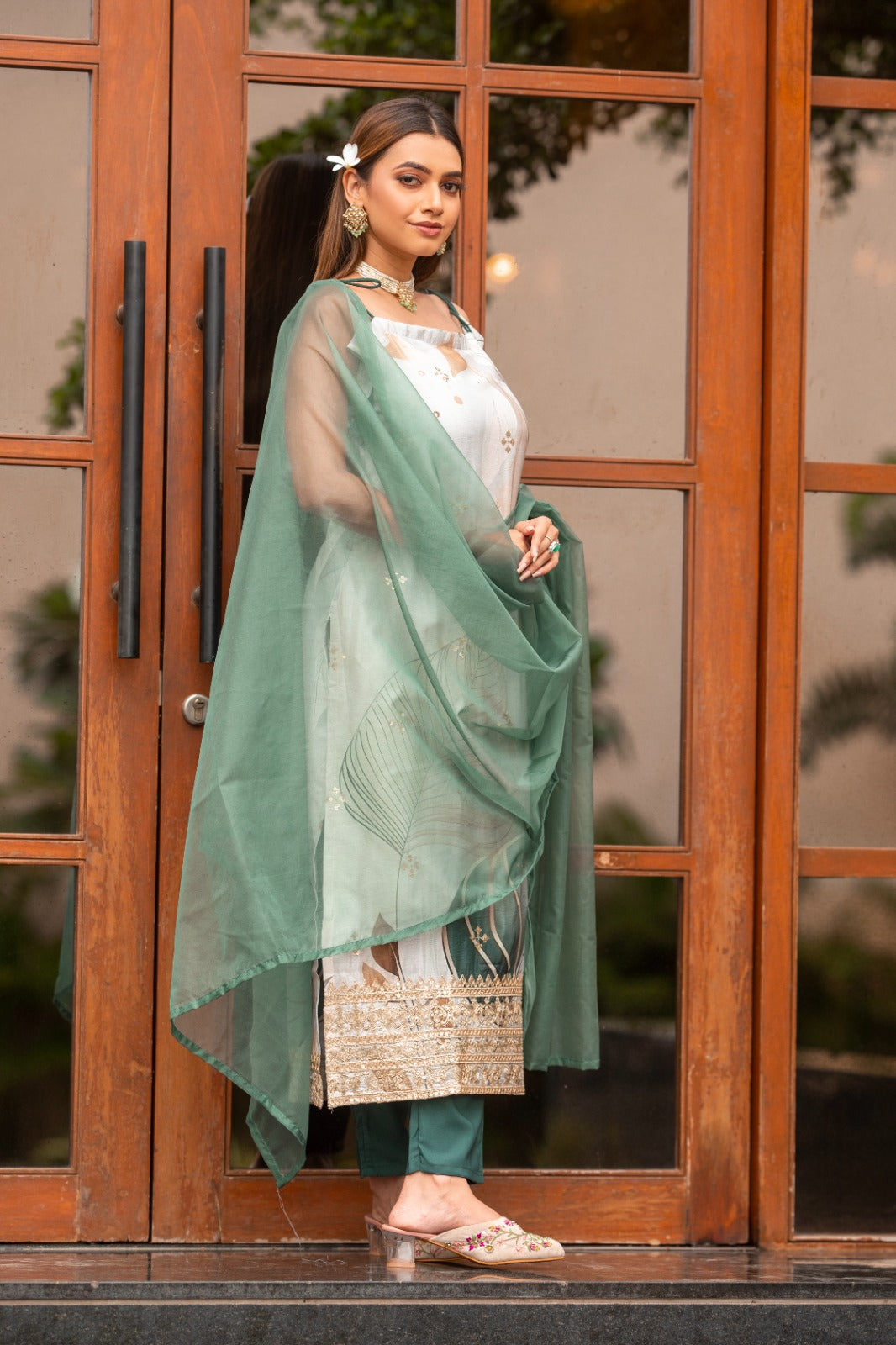 Pista Color Sequined Embroidered Work Kurta With Trousers & Dupatta