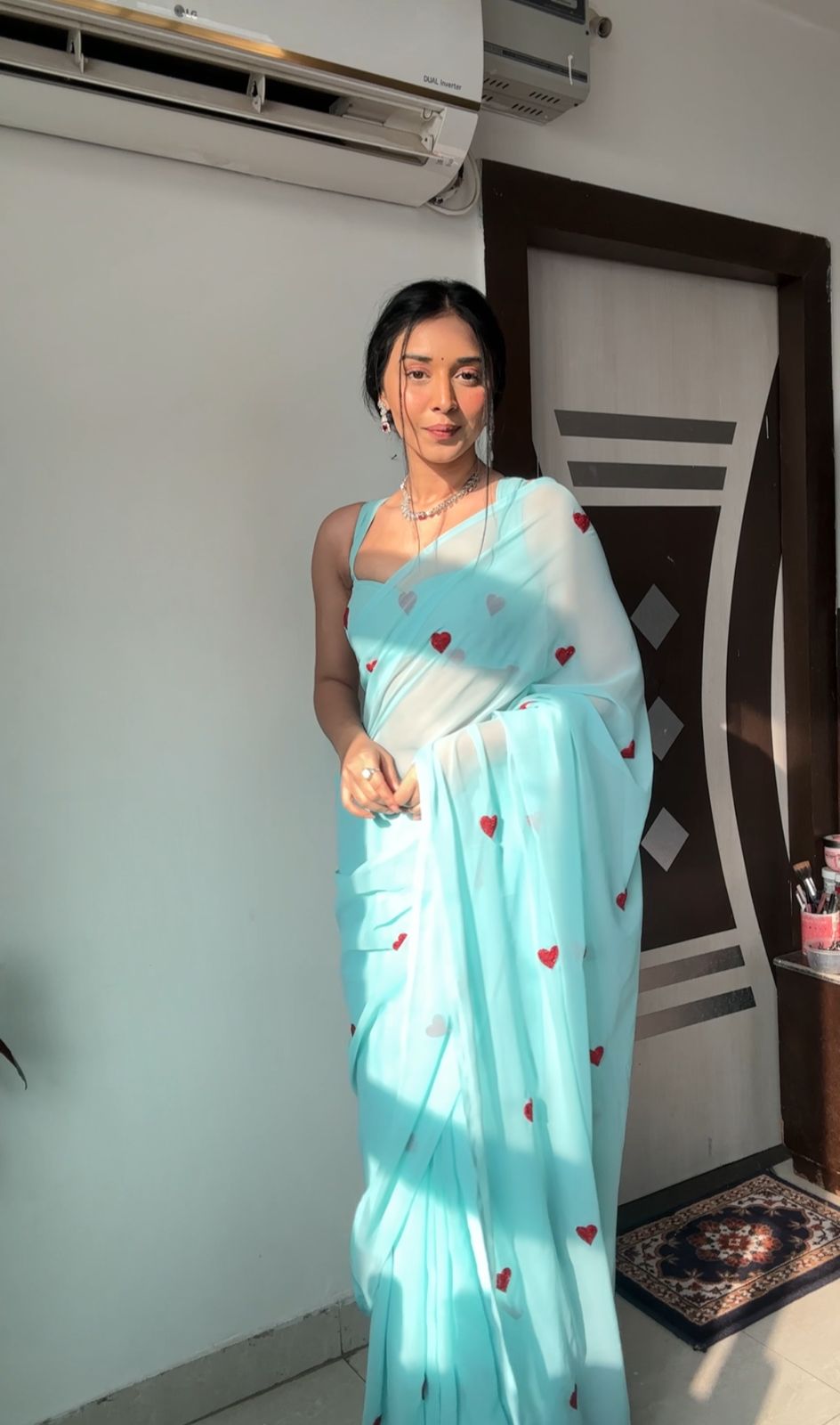 Innovative Sky Blue Color Heart Design Ready To Wear Saree