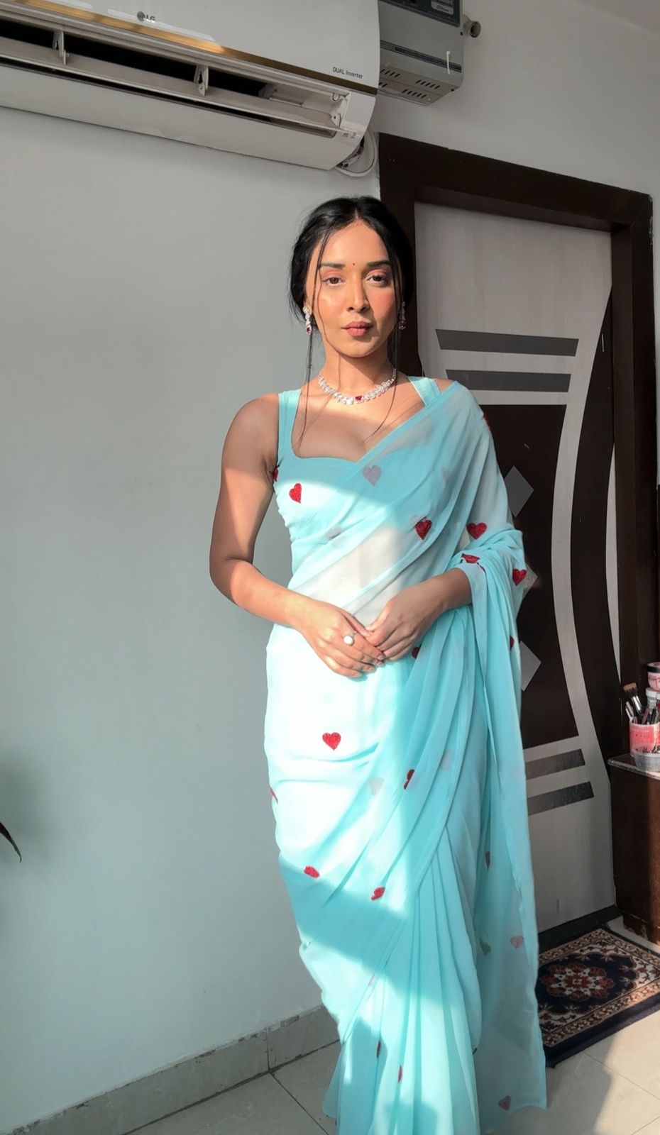 Innovative Sky Blue Color Heart Design Ready To Wear Saree