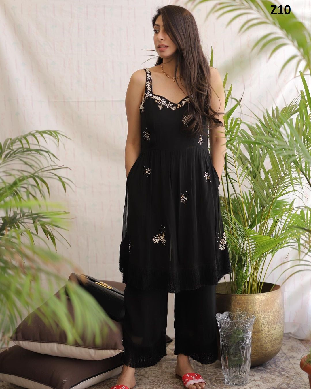 Hot Demanding Black Colored Embrodeiry Top And Bottom Set