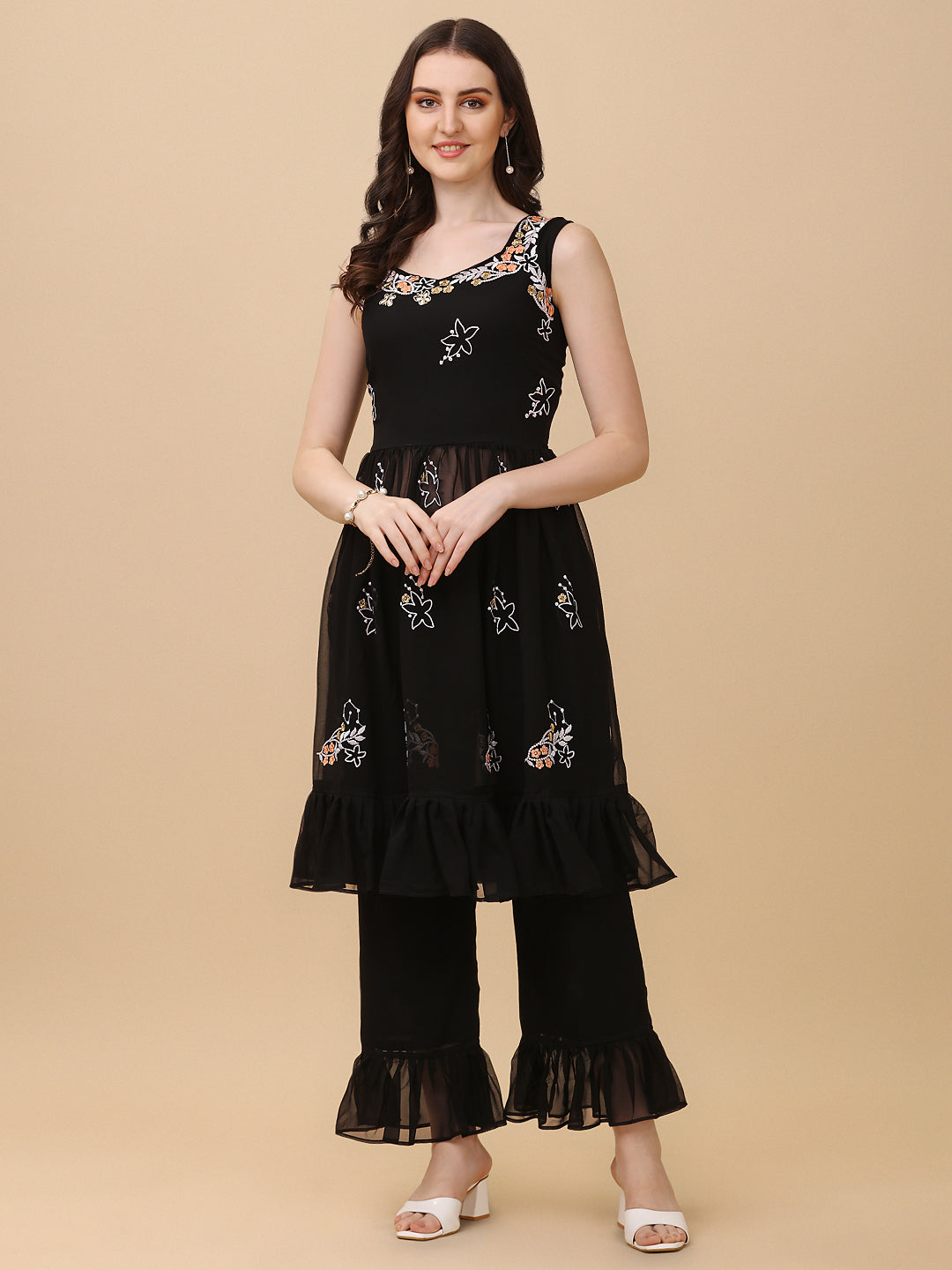 Hot Demanding Black Colored Embrodeiry Top And Bottom Set