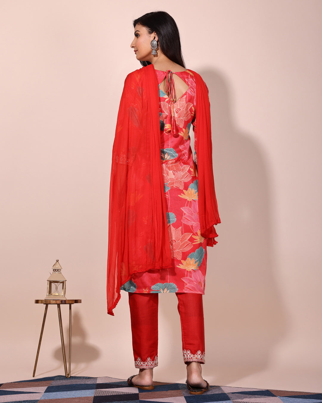 Red floral printed kurta with pant and duptta