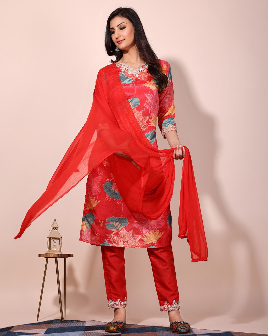 Red floral printed kurta with pant and duptta