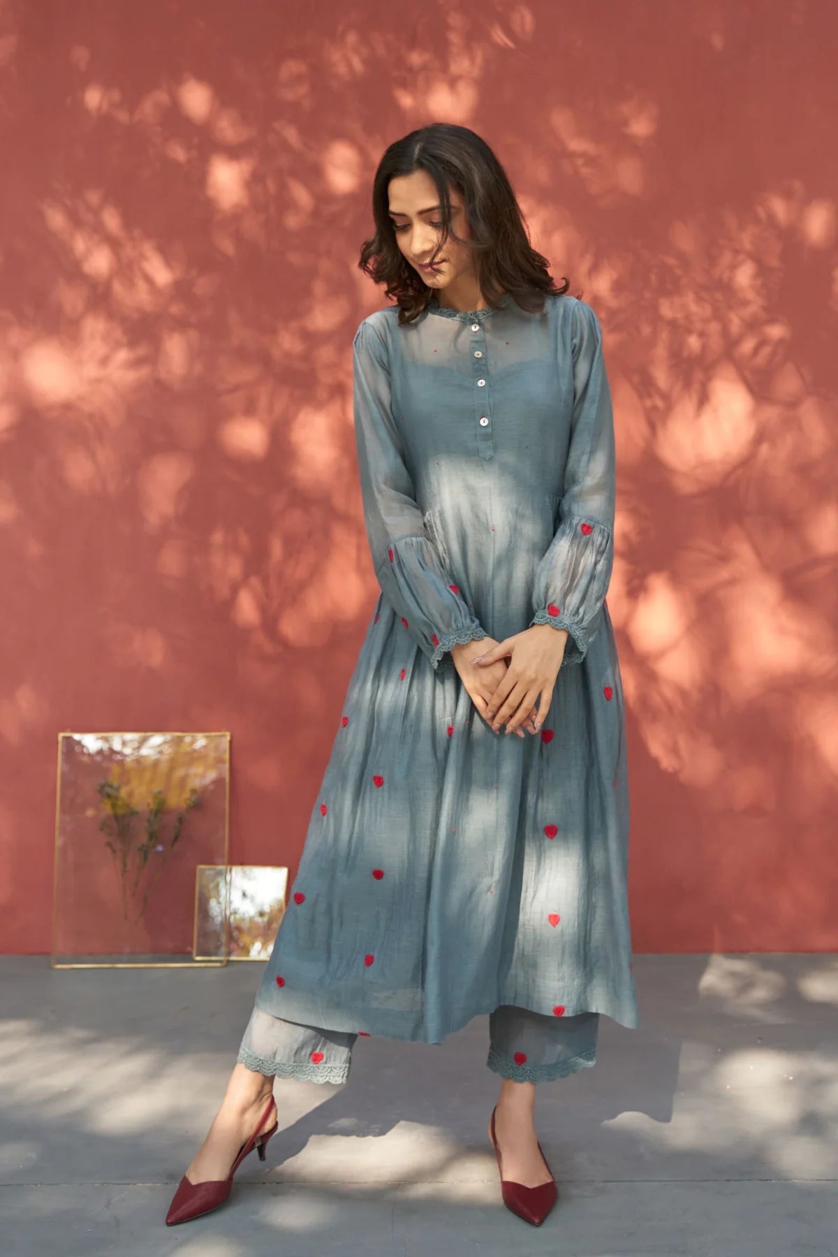 Grey Cotton Round Embroidered Anarkali And Pant Set