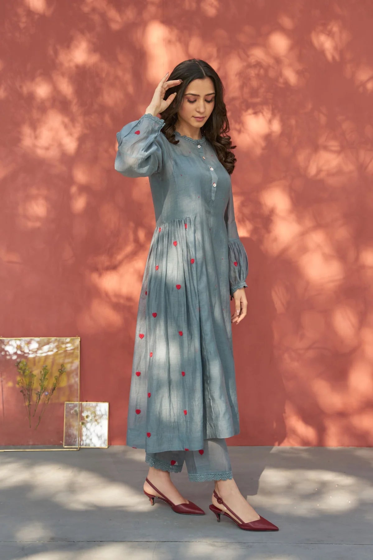 Grey Cotton Round Embroidered Anarkali And Pant Set