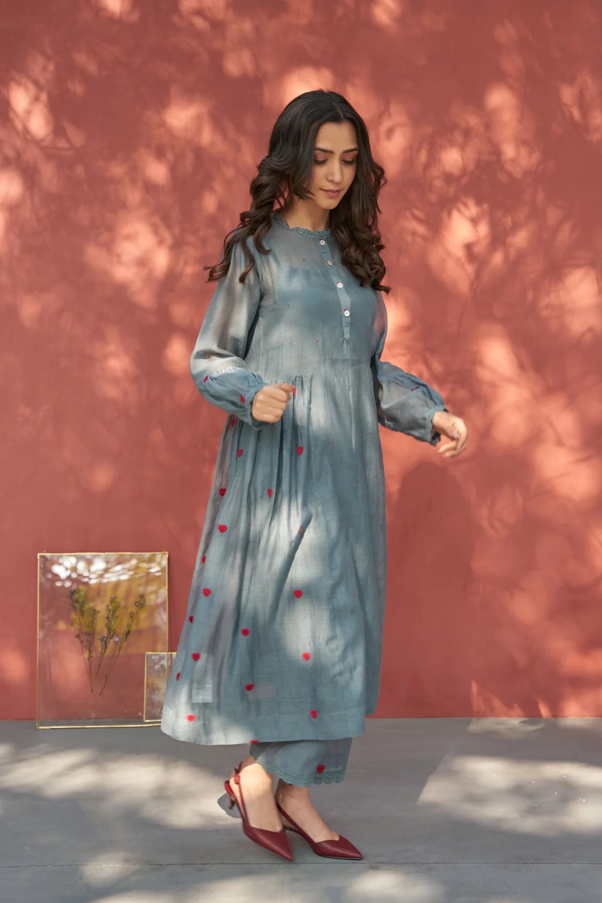 Grey Cotton Round Embroidered Anarkali And Pant Set